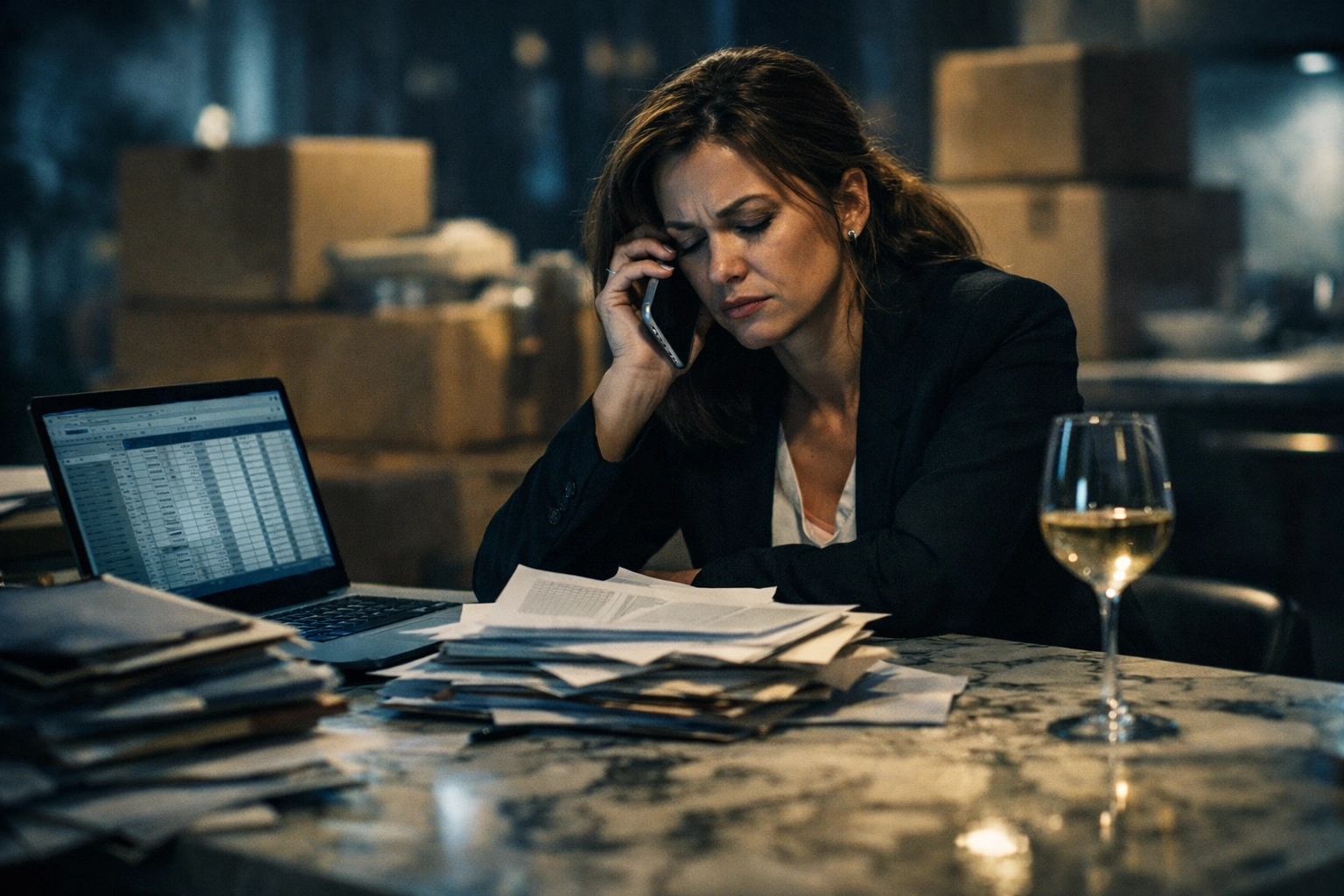 Stressed woman on the phone in a messy new home, overwhelmed by moving tasks and utility paperwork.