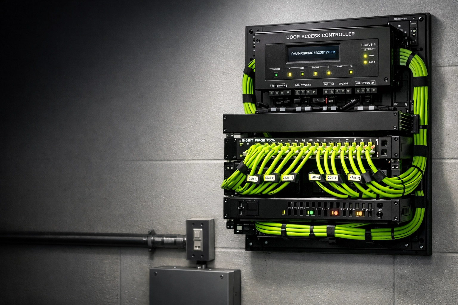 Organized server rack and access control hardware in an Omaha Nebraska manufacturing facility.