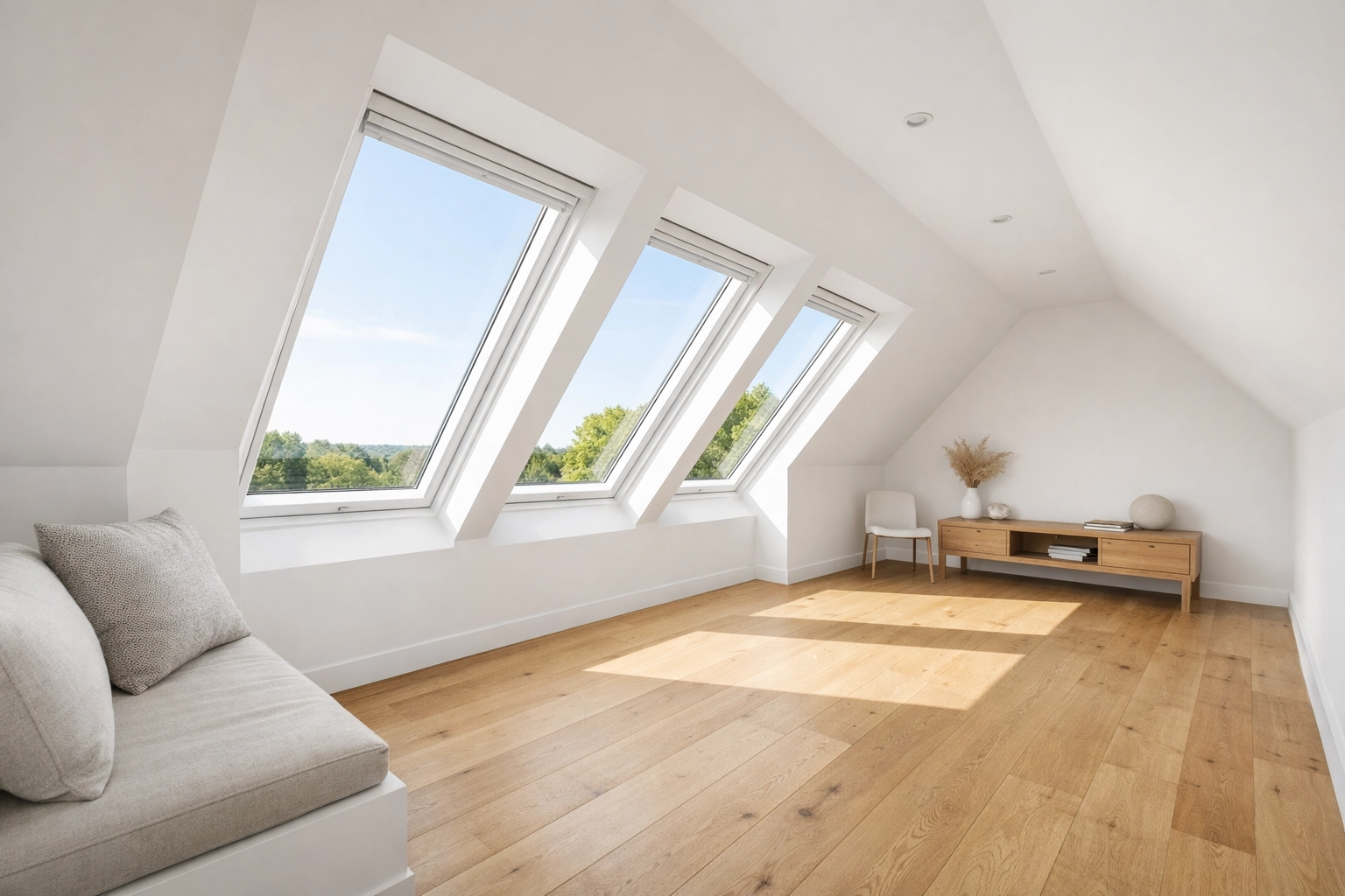 Bright minimalist Velux loft conversion in a Surrey home with three large roof-light windows.