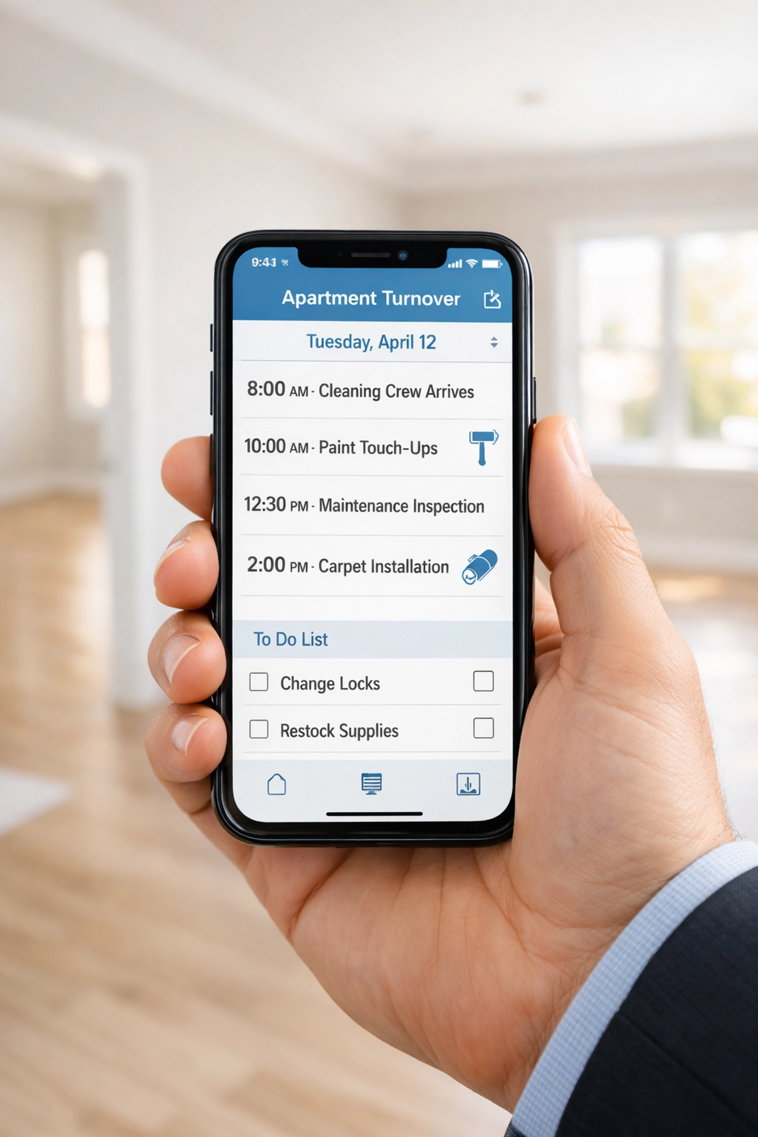 Property manager scheduling apartment turnover timeline on smartphone calendar app