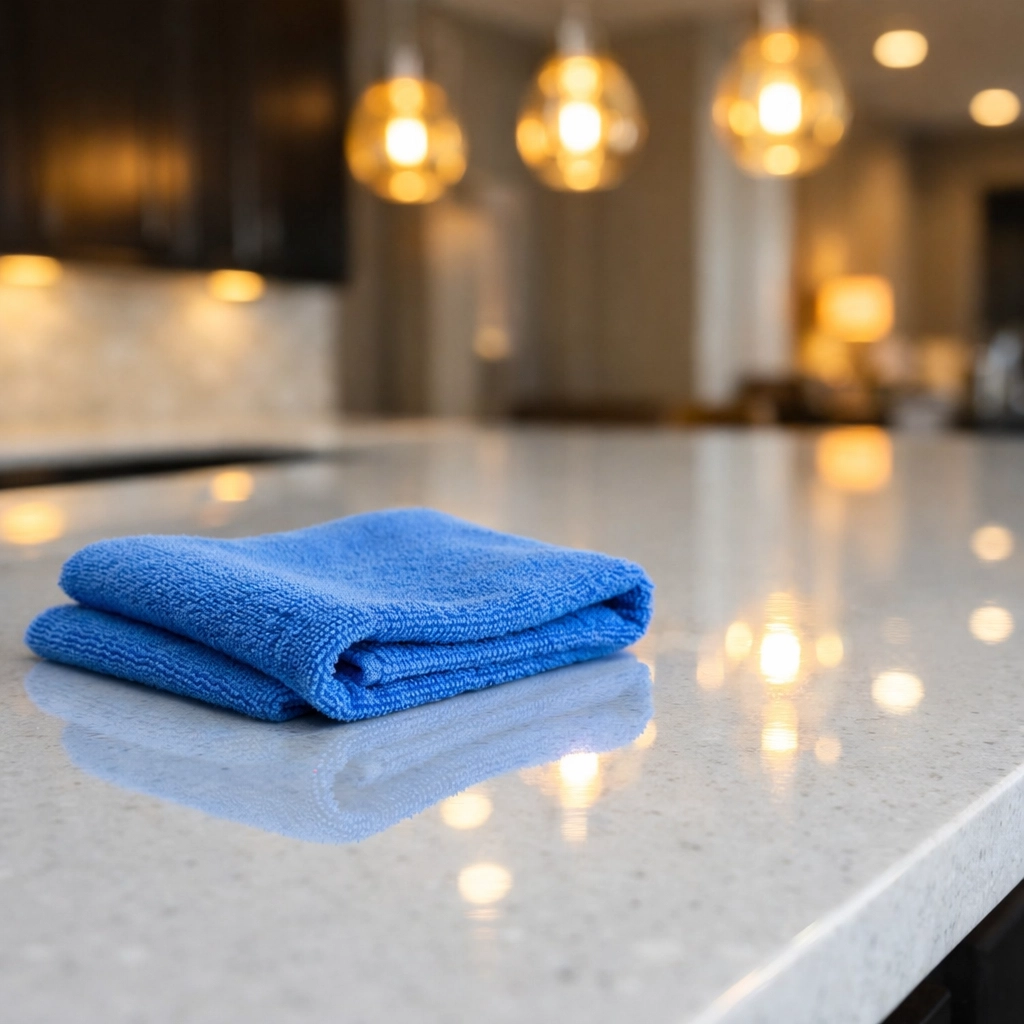Reflective white quartz countertop polished to a mirror finish by residential cleaning MA experts.