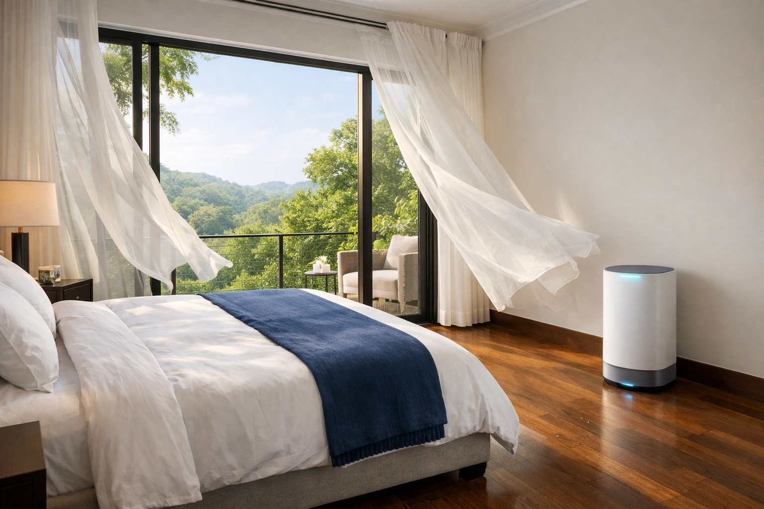 An air purifier and open windows to refresh air and help get rid of pet odors in house.