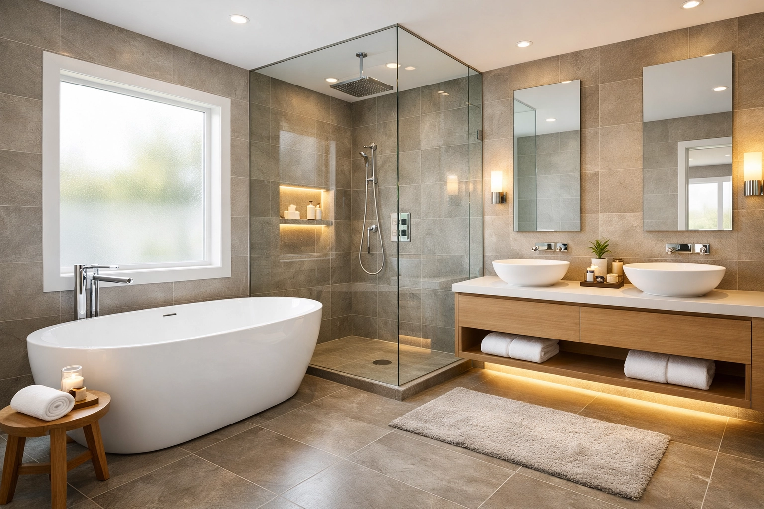 Luxury bathroom remodel with freestanding tub, glass shower, and modern finishes
