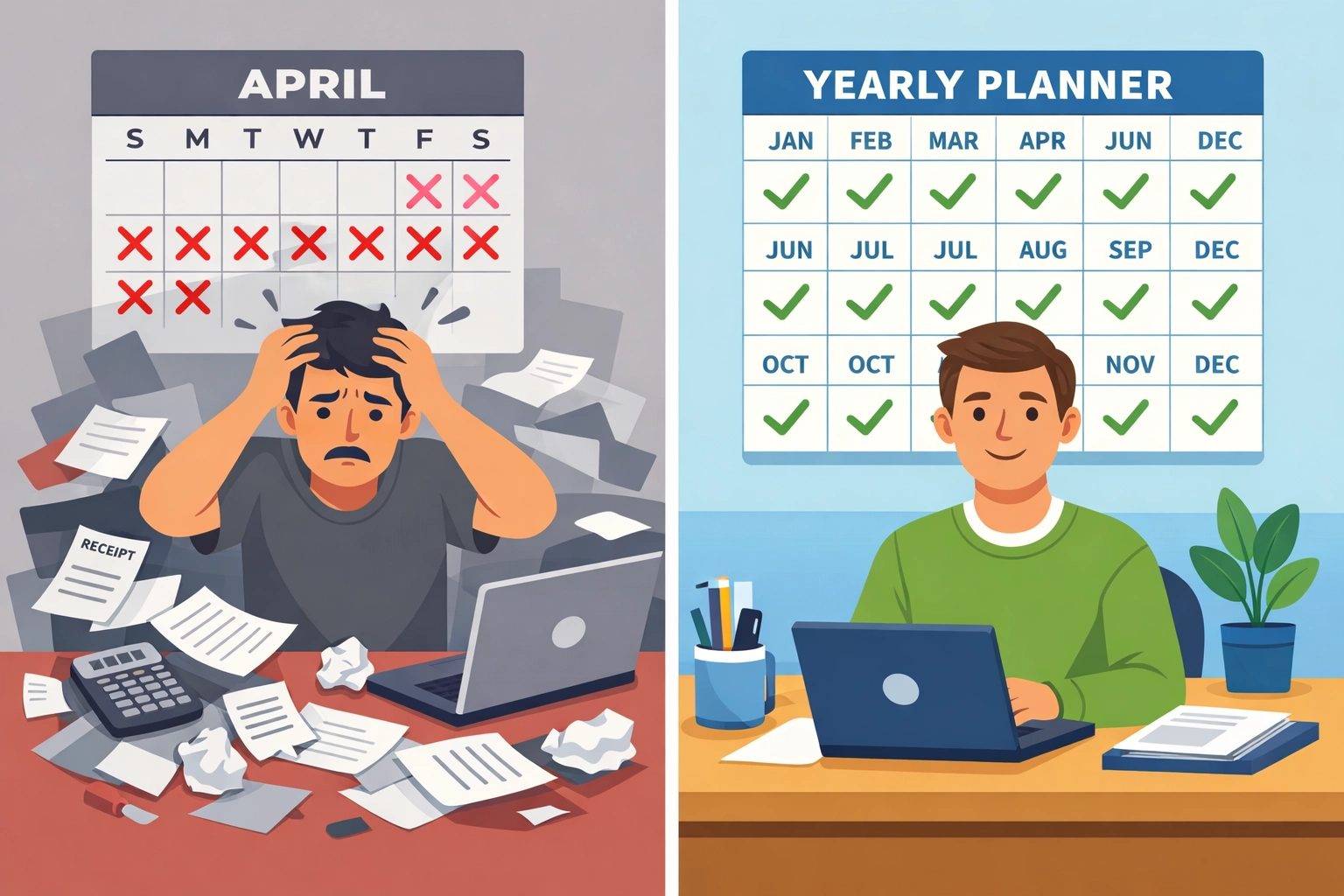 Last-minute tax filing chaos versus organized year-round tax planning comparison