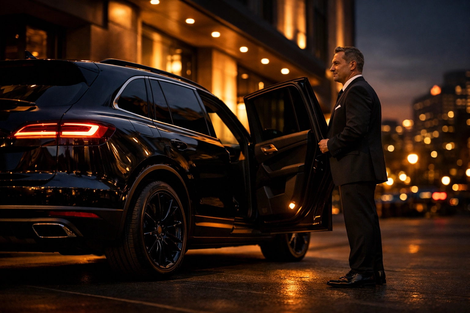 Luxury SUV with professional chauffeur at upscale event venue entrance at dusk