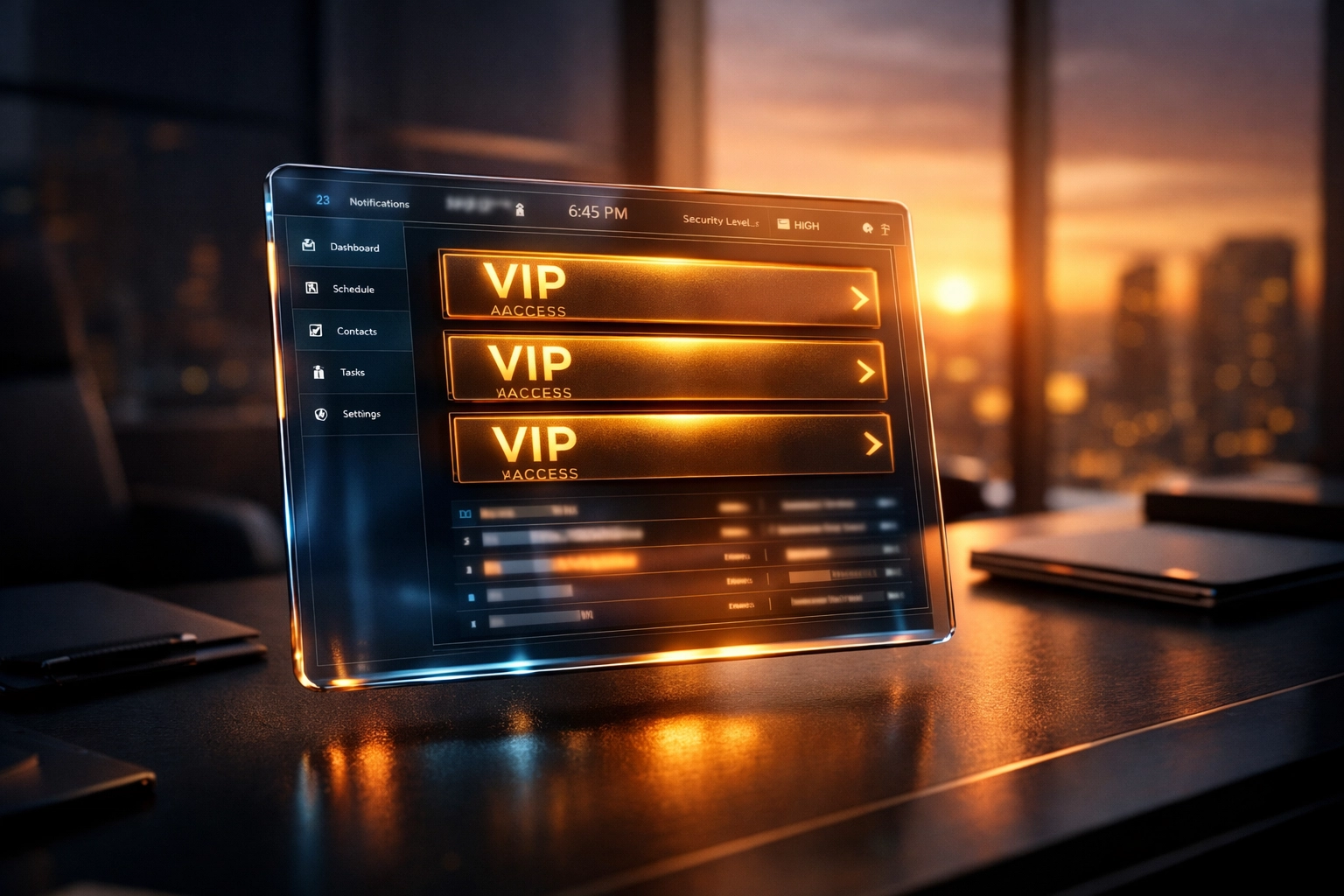 AI-driven VIP scheduling interface on a digital tablet for high-priority speaker bookings.