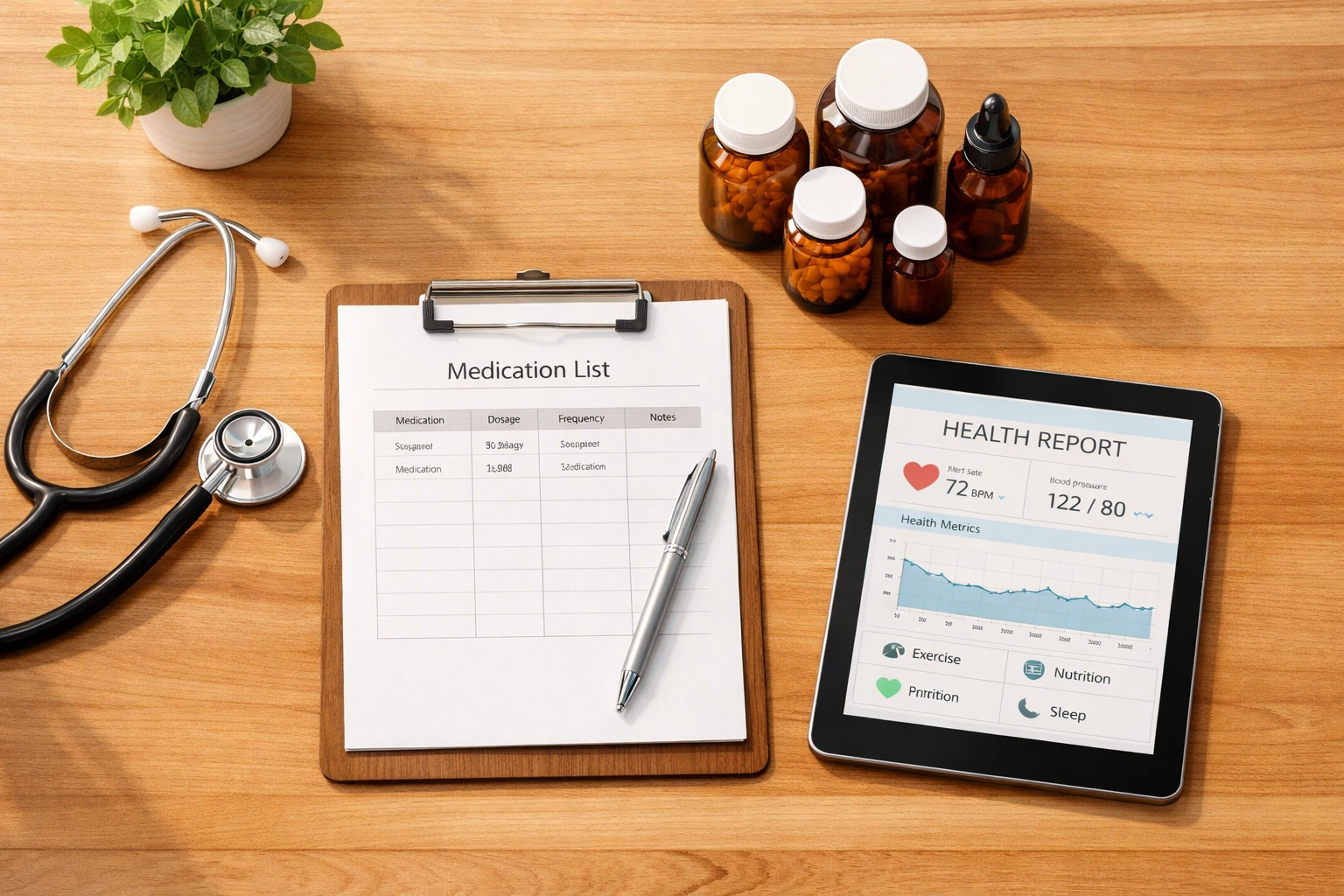 Healthcare professional's desk with supplement bottles and medication list for consultation