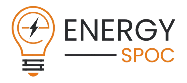 Large-scale residential rooftop solar panel installation on a modern urban house with secure mounting. EnergySPOC logo with orange lightbulb and electrical symbol