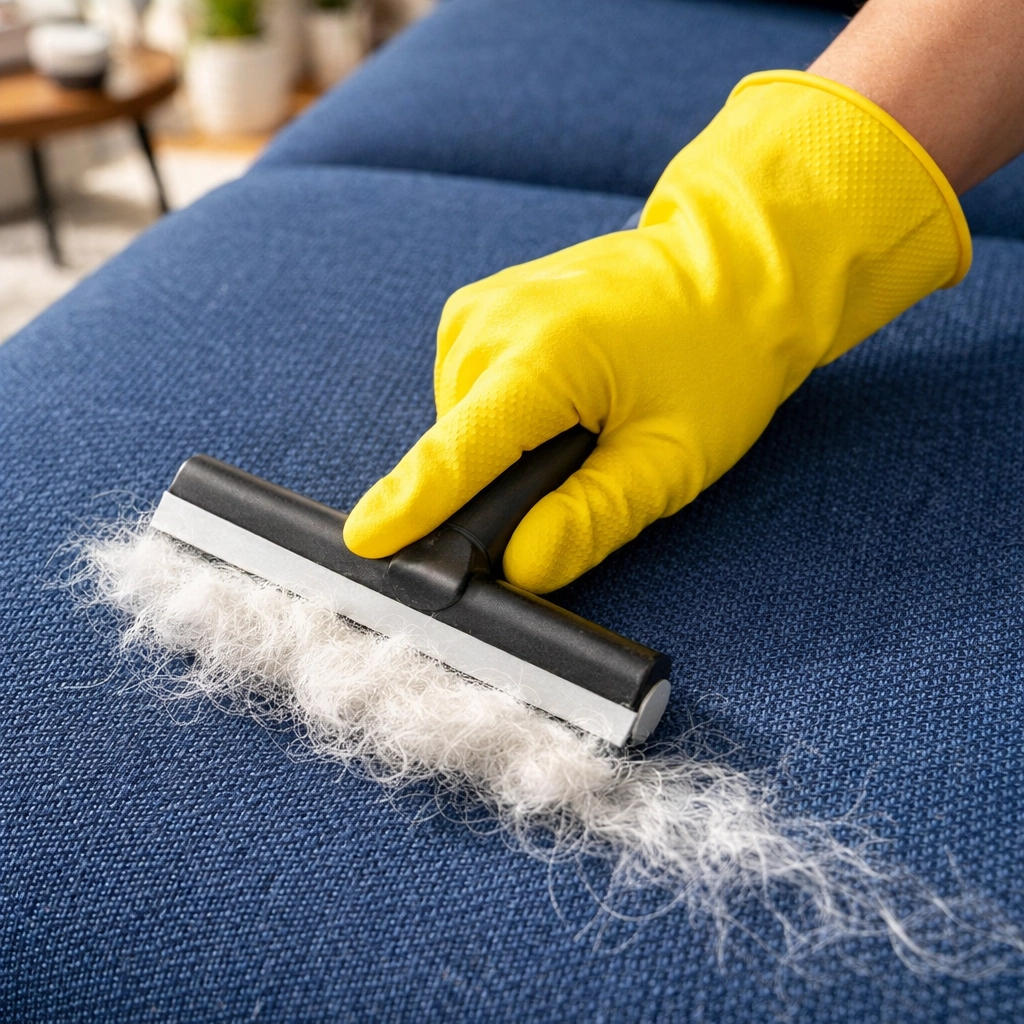 Apartment cleaning services in Leominster MA: removing white pet fur from a sofa with a squeegee.