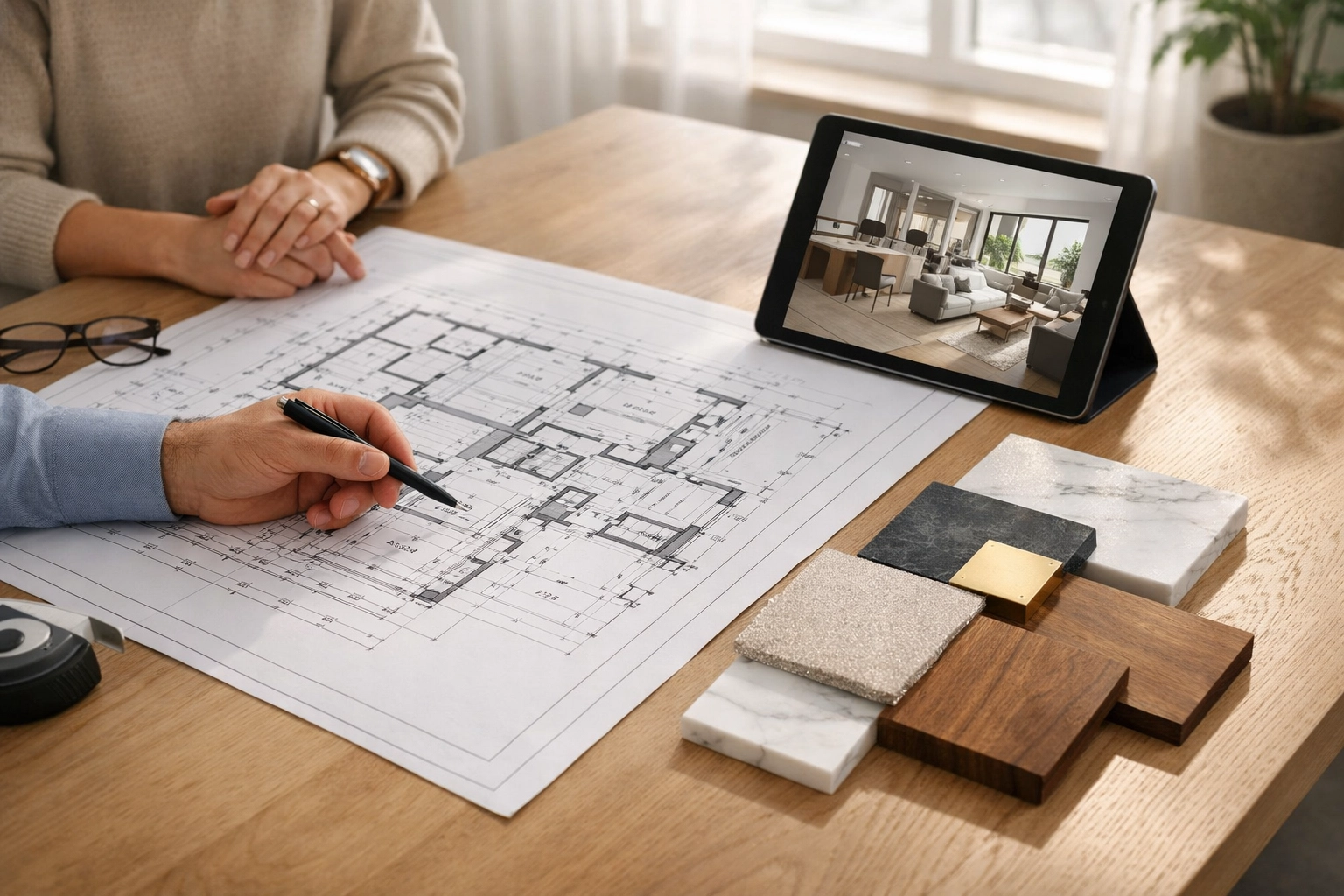 Orlando home remodeling experts conducting a professional design consultation with blueprints and material swatches.