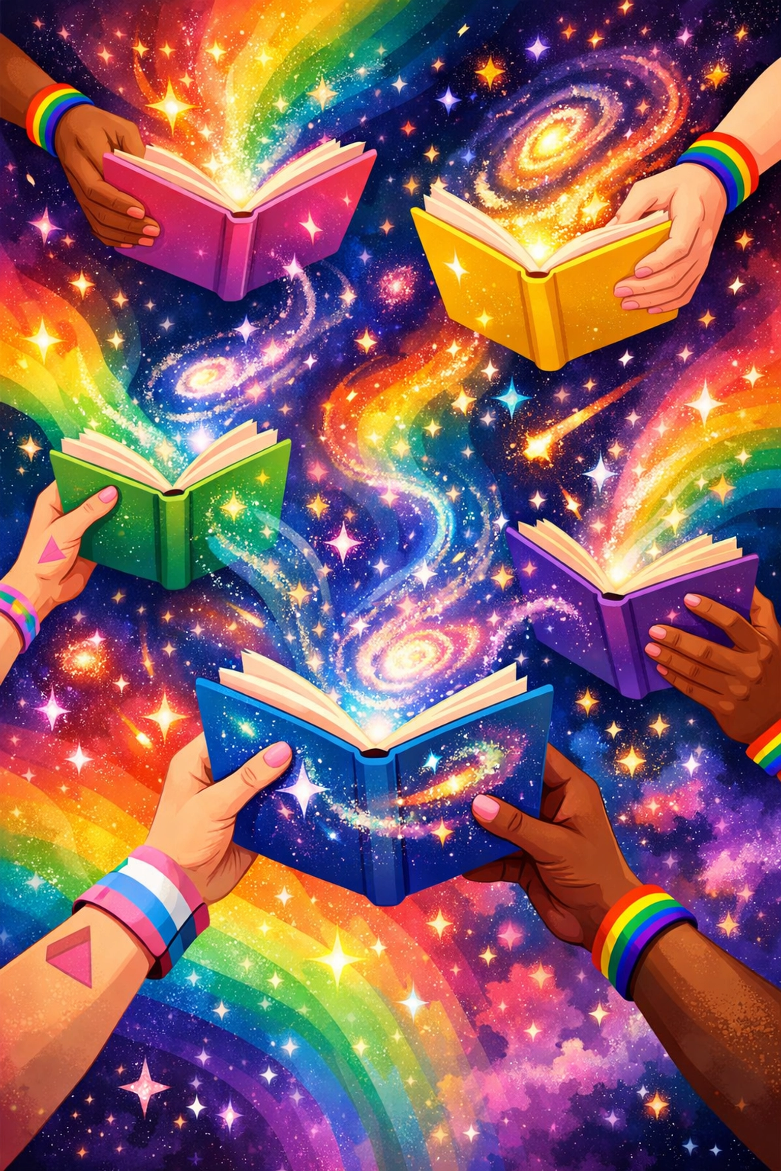 Diverse readers discovering transformative queer fiction and LGBTQ+ books