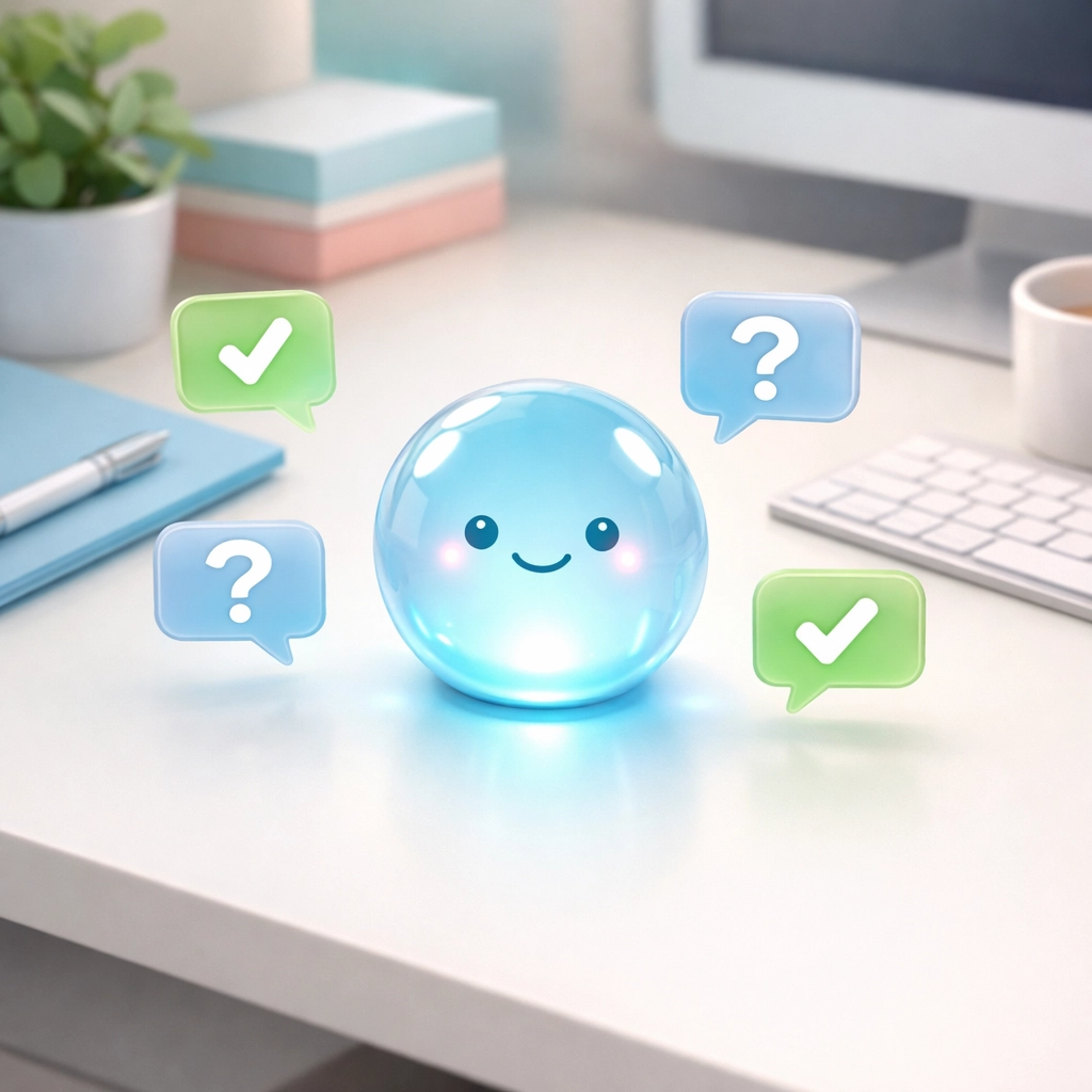 Friendly customer support chatbot sphere on an office desk handling business FAQs.