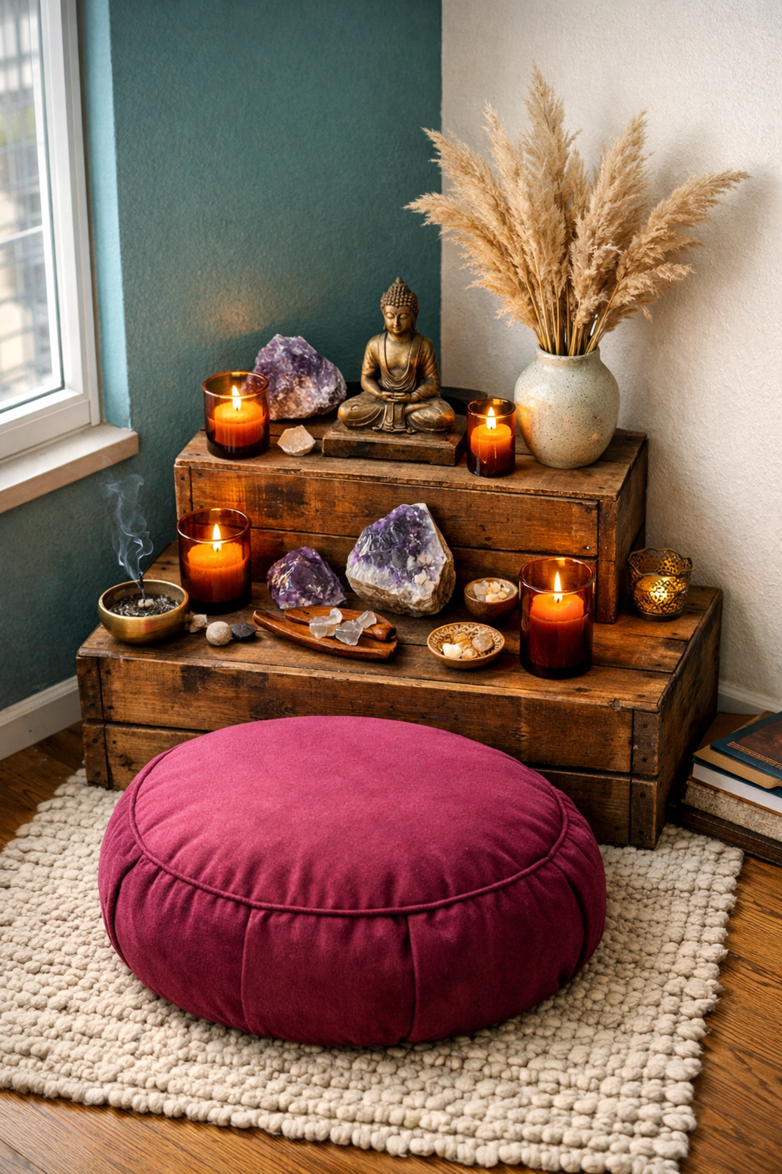 Corner altar setup with meditation cushion and spiritual items in urban apartment