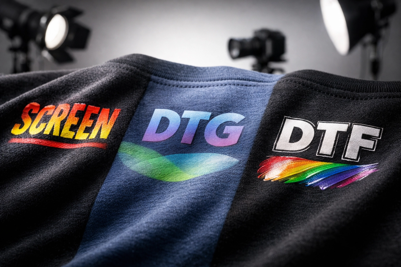 Close-up comparison of custom t-shirt printing methods showing screen printing, DTG, and DTF results