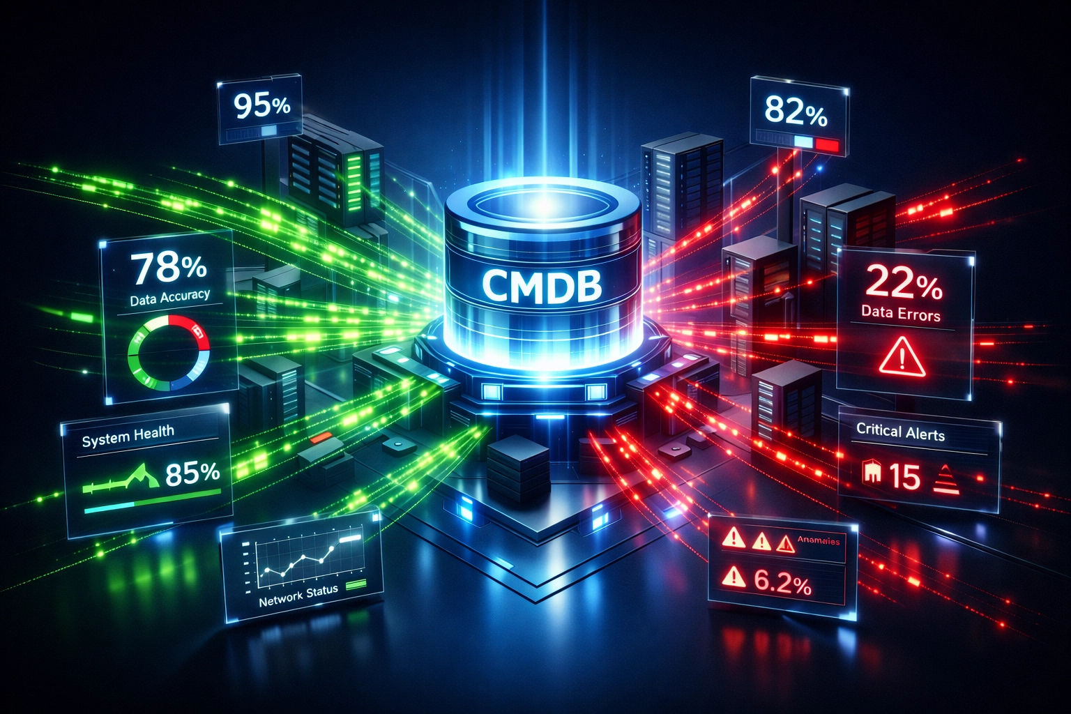 ServiceNow CMDB data quality visualization showing accurate and inaccurate data streams