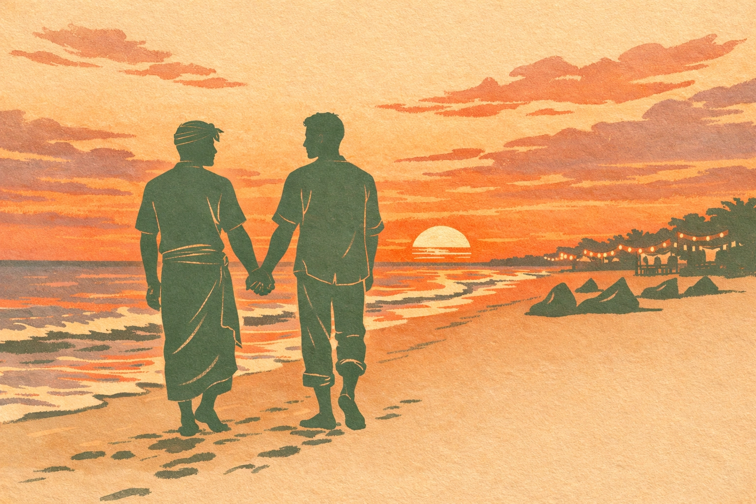 MM couple holding hands walking barefoot on Seminyak Beach at golden hour