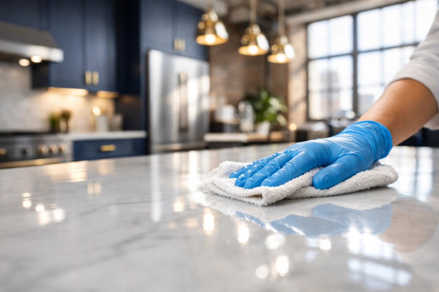 Professional house cleaning Worcester MA specialist polishing a marble kitchen island in a Canal District loft.