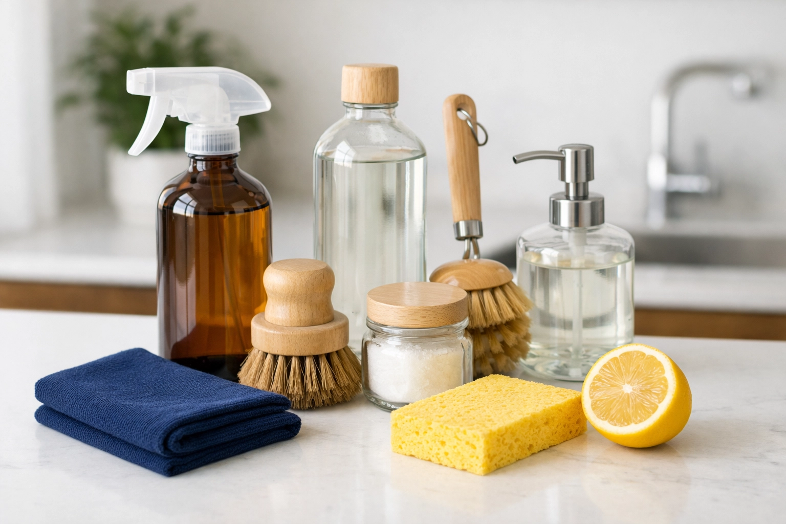 Professional house cleaning with eco-friendly products - navy cloth, crisp white countertop, and subtle yellow accents