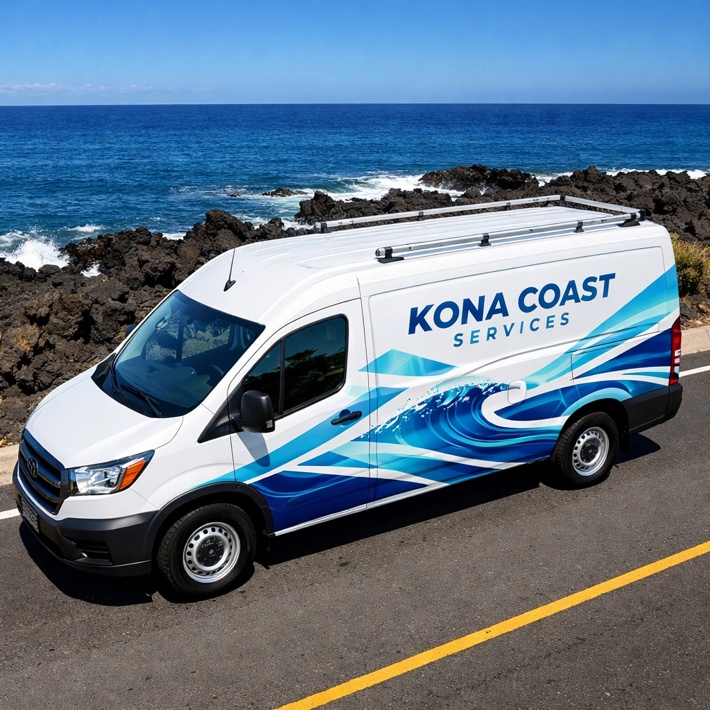 Professional vehicle wrap on a utility van parked along the scenic Kona coast in Hawaii.