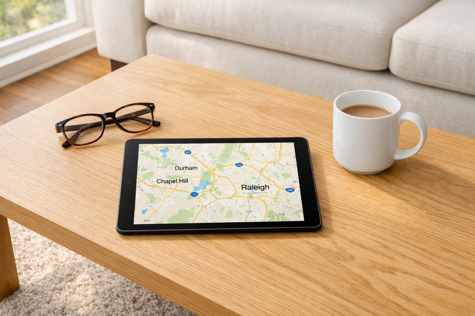 Modern Raleigh living room with a tablet displaying a NC Triangle map for strategic home selling.