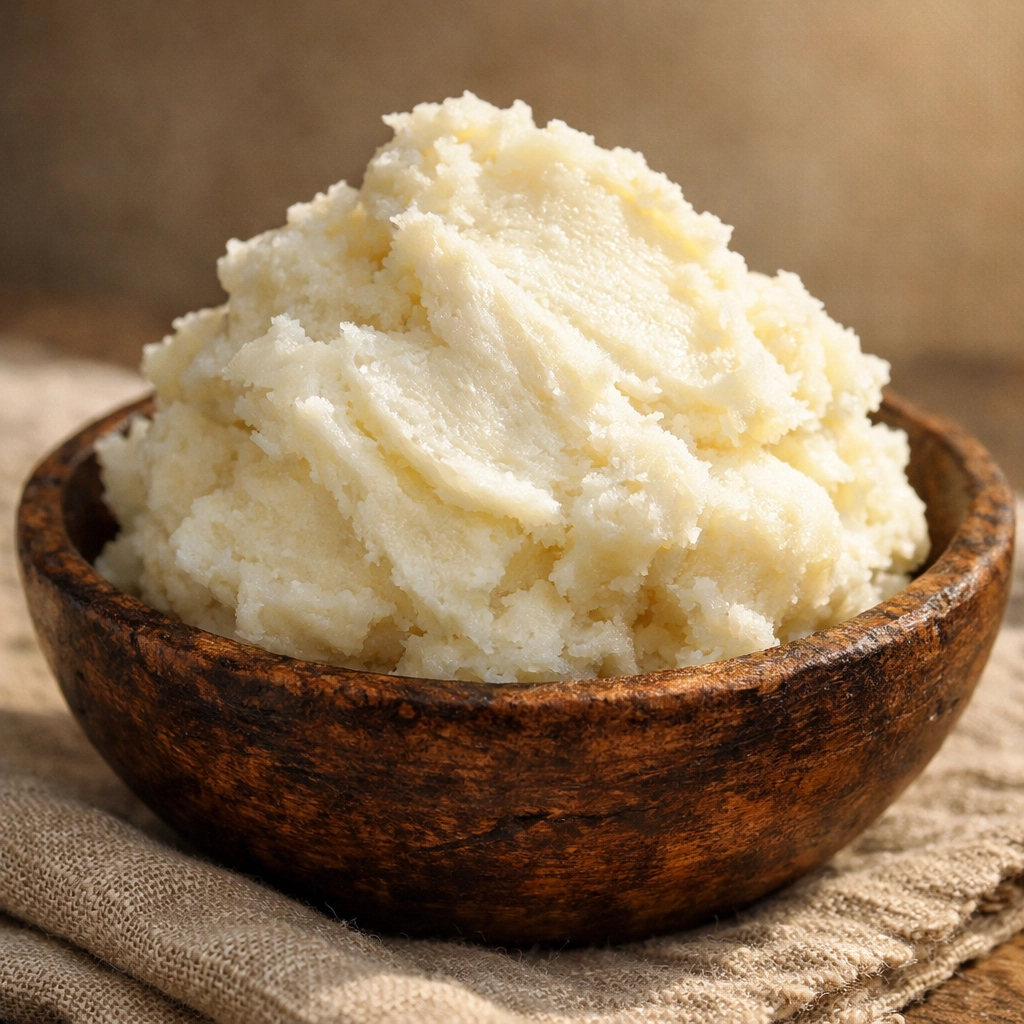 A wooden bowl filled with creamy, ivory-toned Grade A unrefined shea butter from Africa.