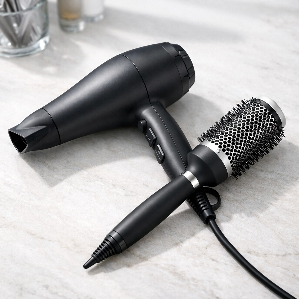 Professional styling tools including a hair dryer and ceramic round brush at a hair salon in Concord NH.