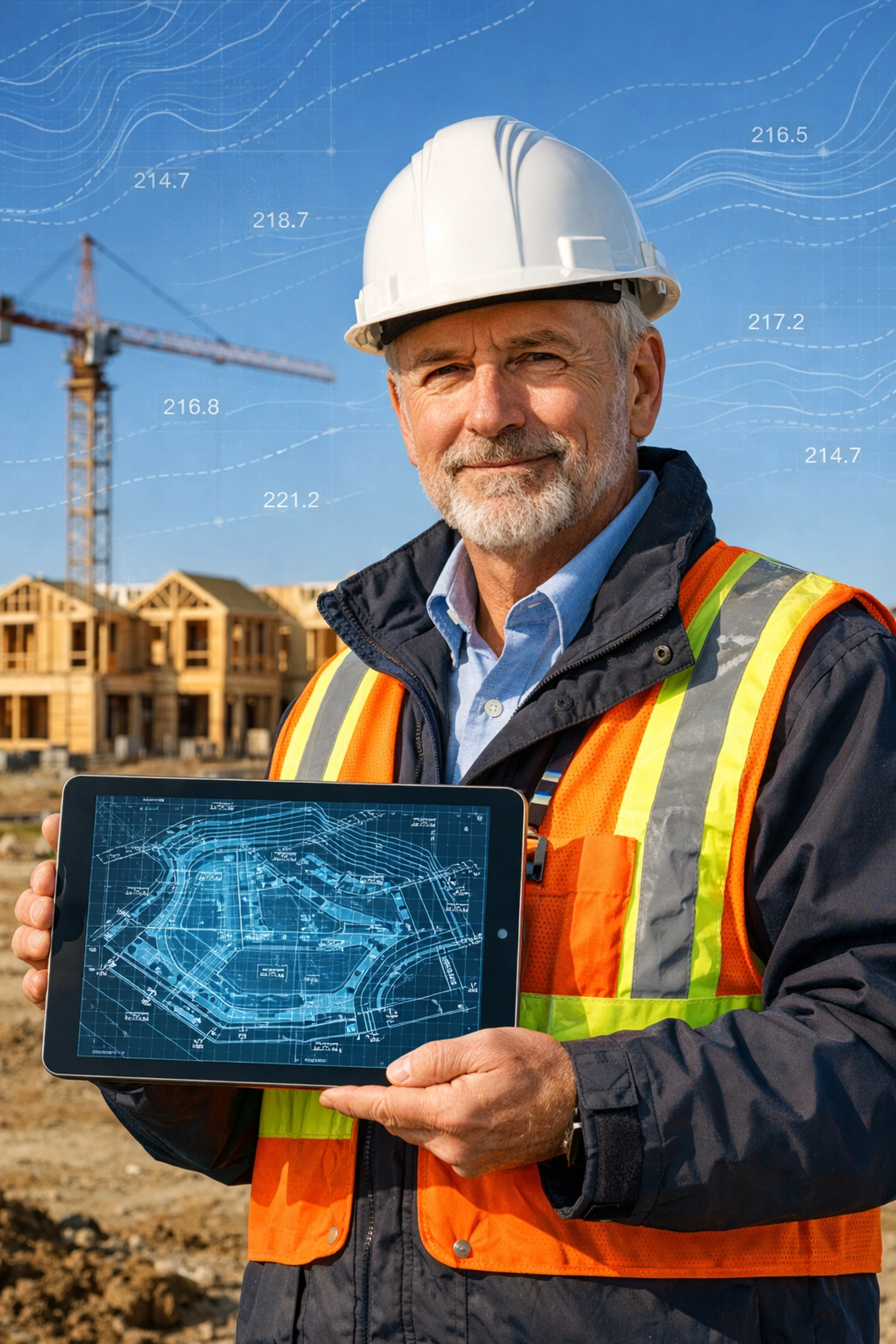 Expert civil engineer reviewing a site grading plan on an Ontario construction site for fast municipal approval.
