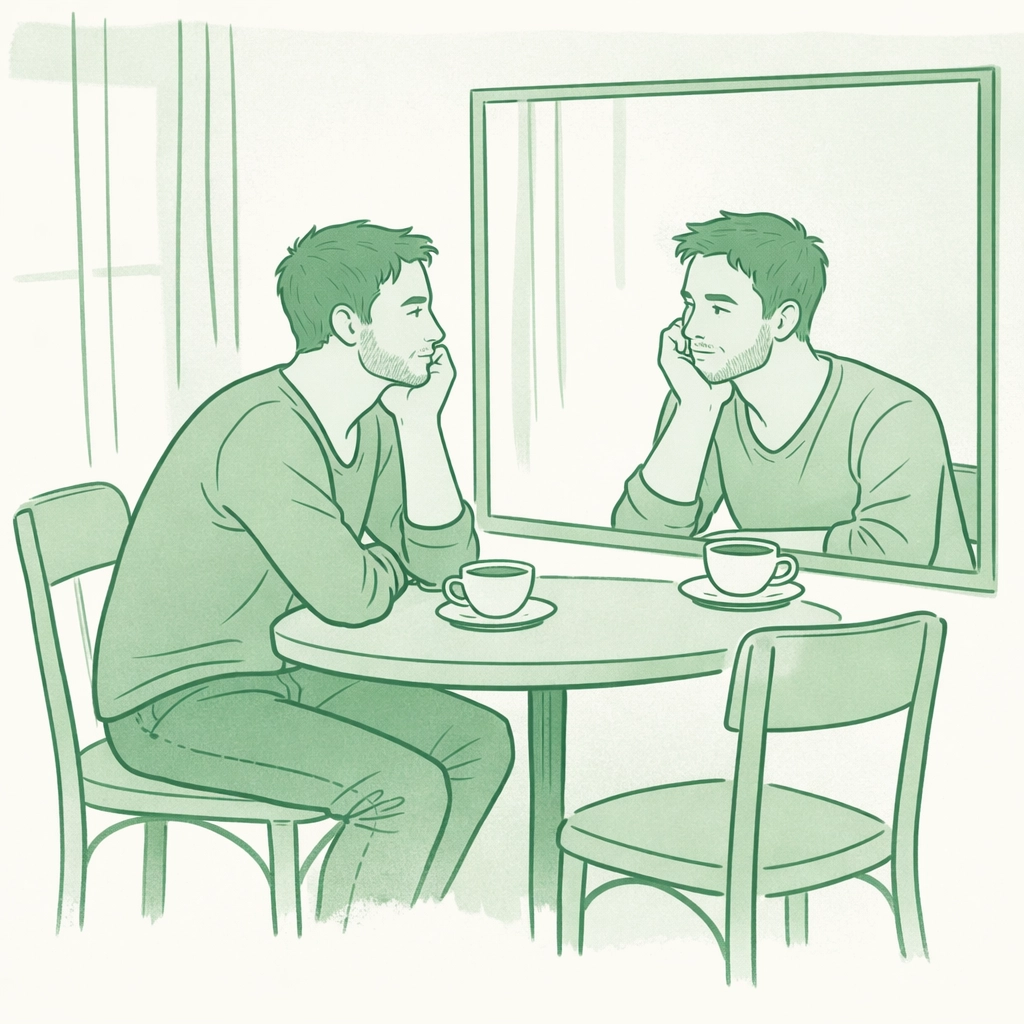 Gay man on solo café date gazing at reflection, exploring autoromantic self-love and self-dating