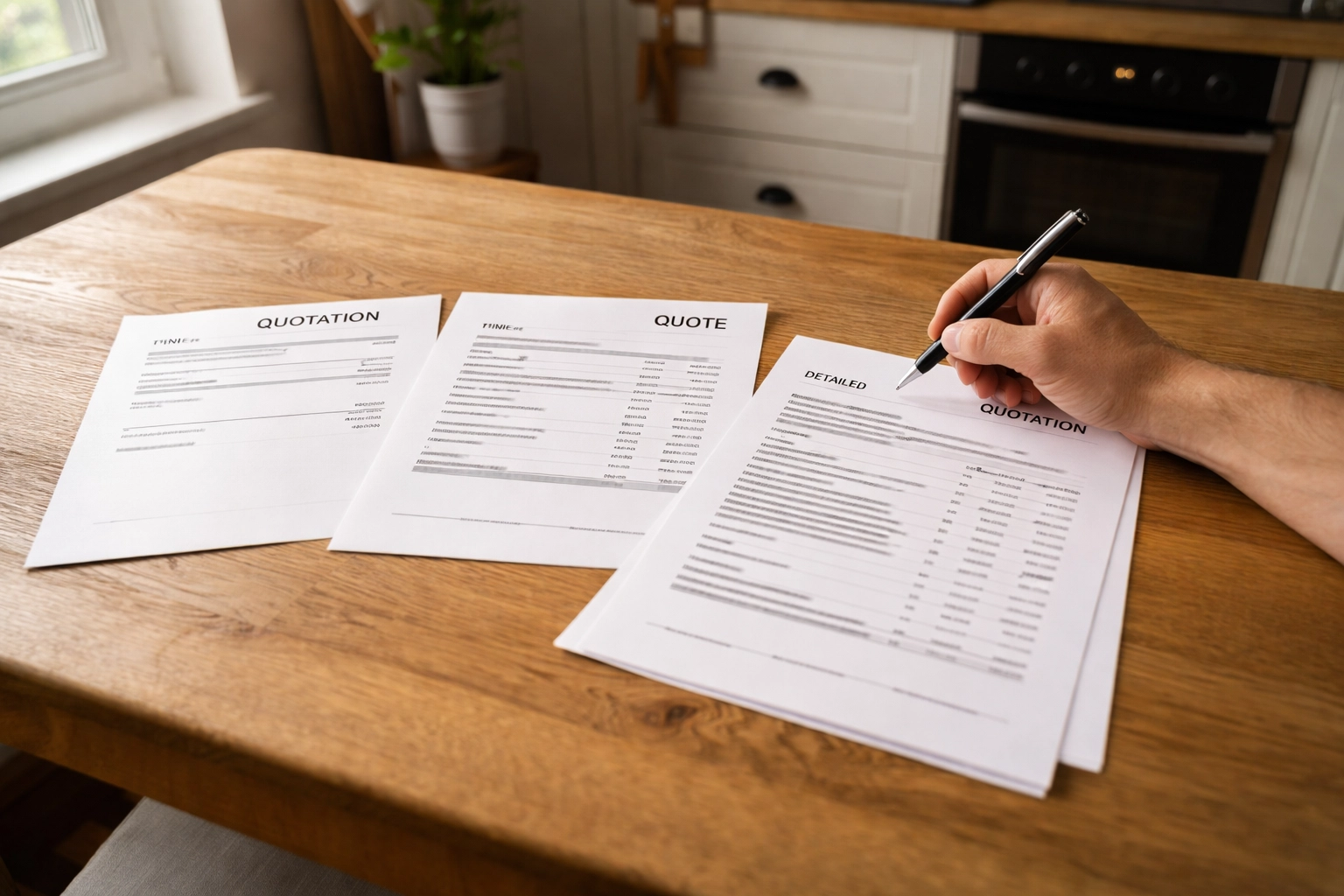 Homeowner comparing multiple extension quotes from Chigwell builders on kitchen table