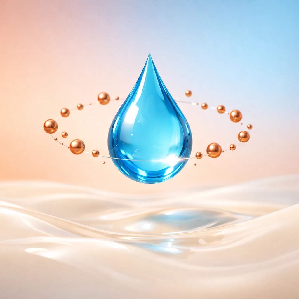 Luminous copper peptide serum droplet and spheres highlighting anti-aging firming ingredients.