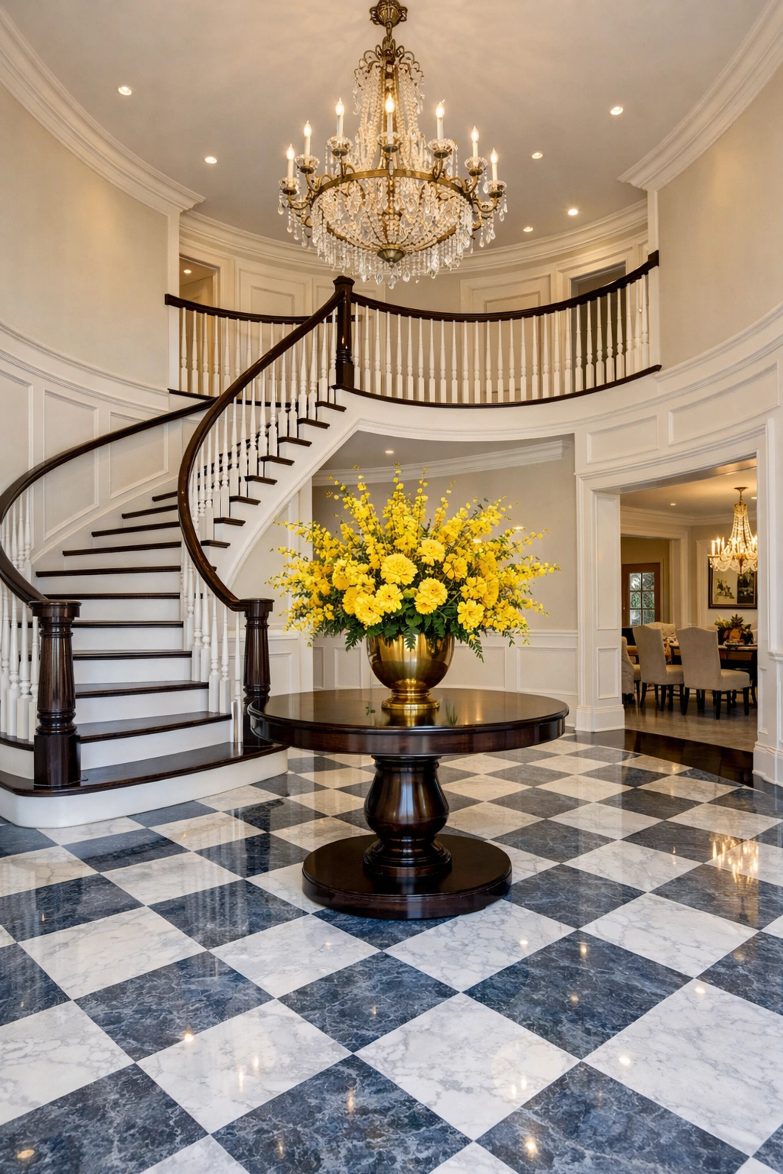 Spotless luxury estate foyer in Weston MA showcasing expert residential cleaning on polished stone floors.