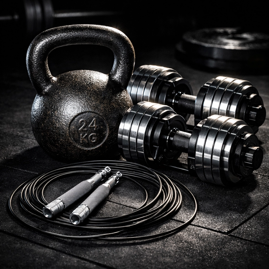 Essential CrossFit home gym equipment including adjustable dumbbells, kettlebells, and speed rope.