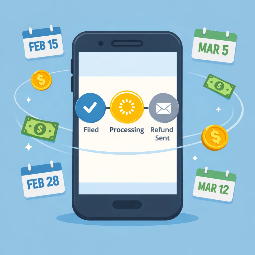 Smartphone displaying IRS Where's My Refund tracking tool with filing status progress