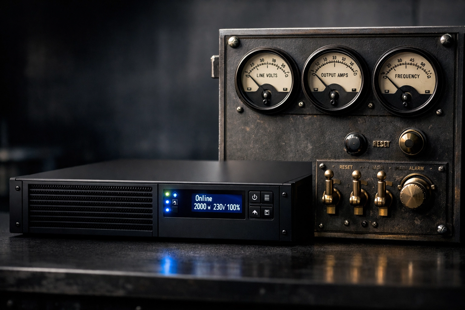 Modern CyberPower UPS next to a vintage industrial machine control panel for reliable power protection.