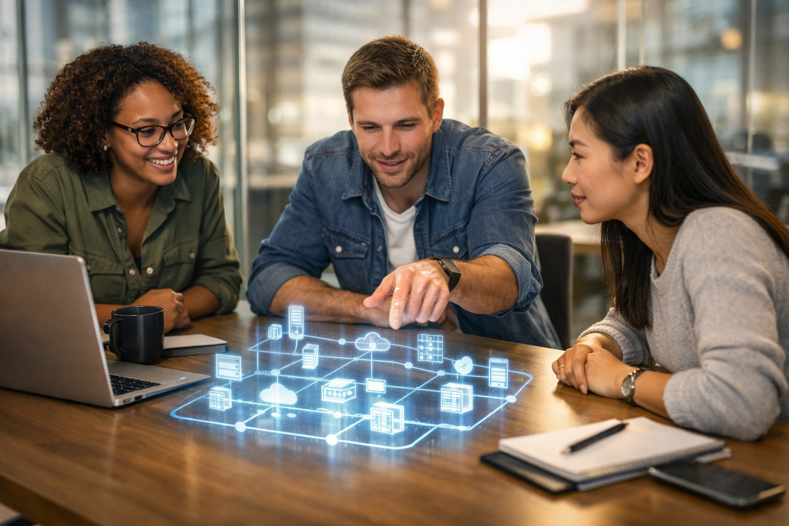 ServiceNow consulting services team collaborating on a high-tech CMDB network discovery map.
