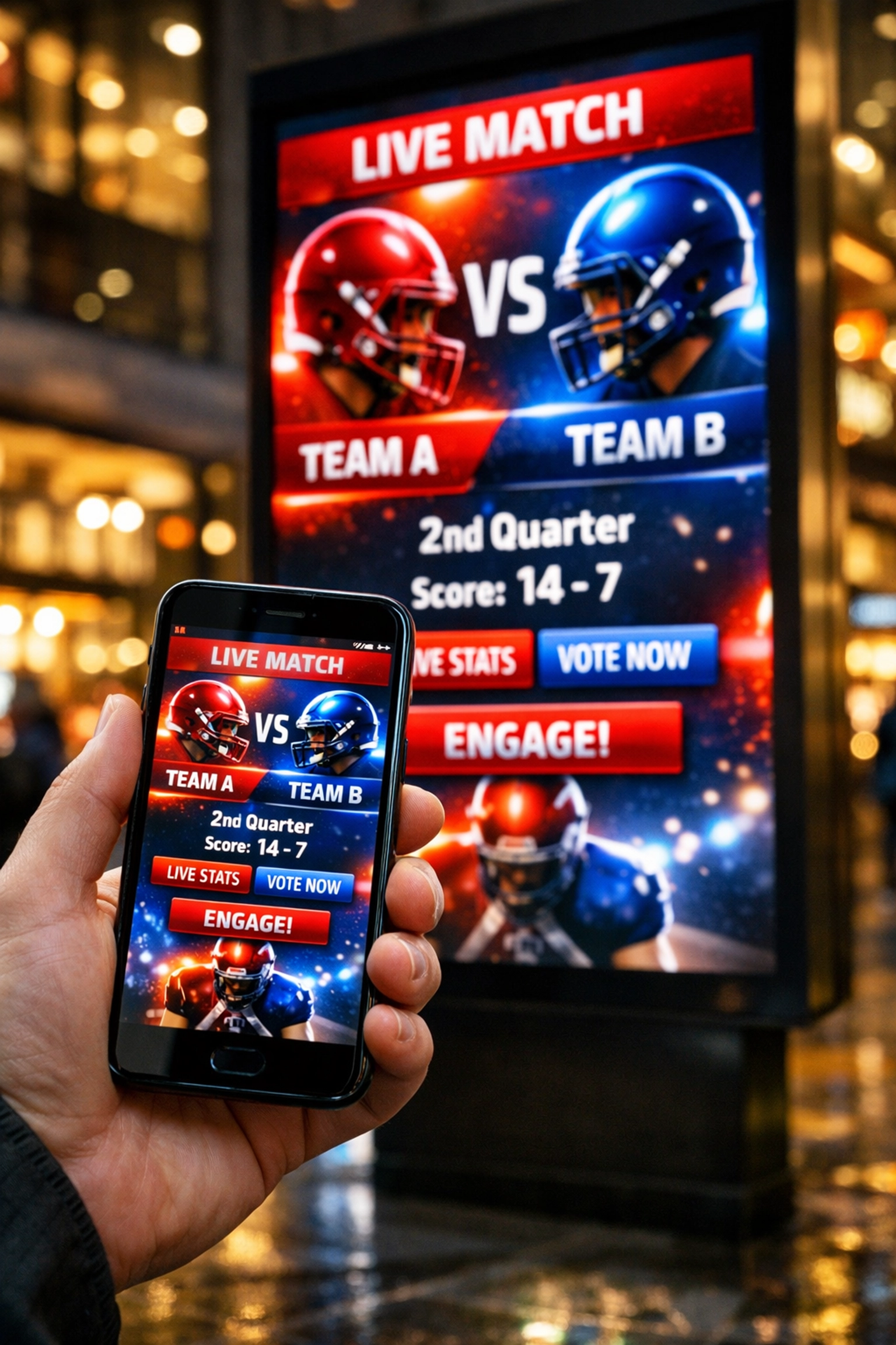 A person using a smartphone to interact with a digital sports advertisement in a city shopping district.