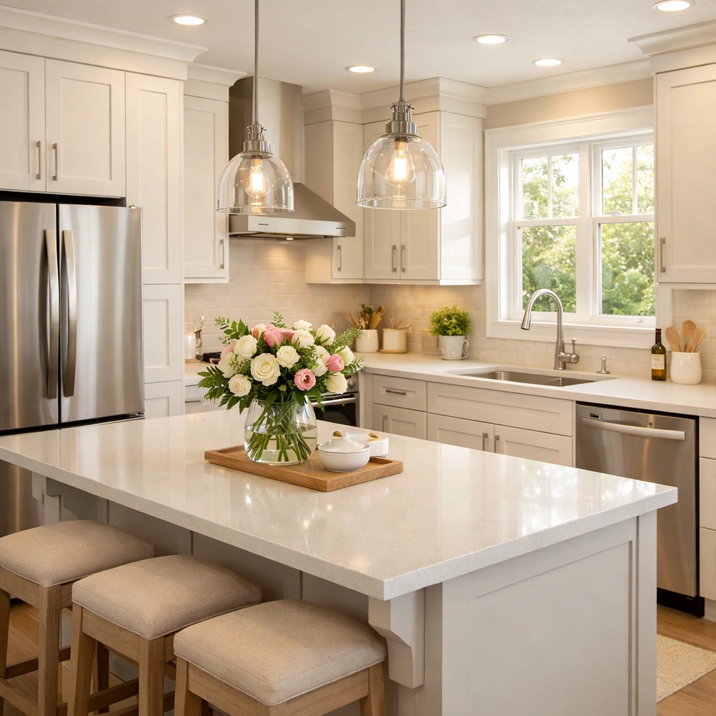 Updated kitchen with white cabinets in Bucks County 55+ community home
