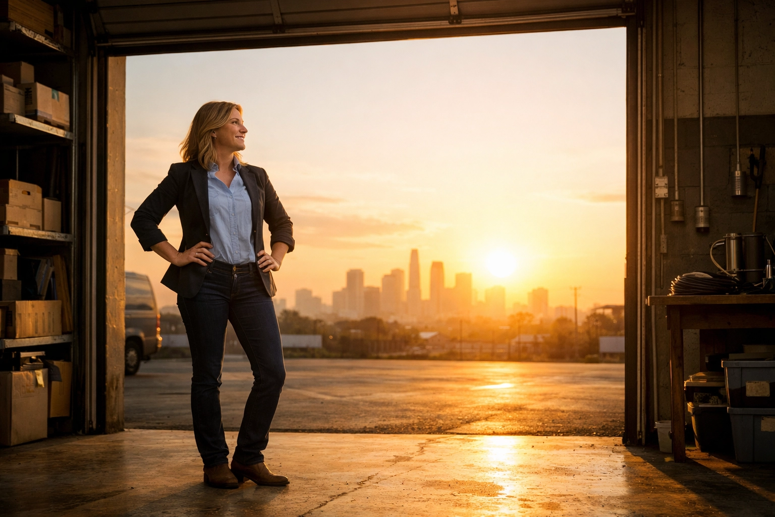 Small business owner standing in a shop doorway at sunrise, feeling motivated and ready for the next week.