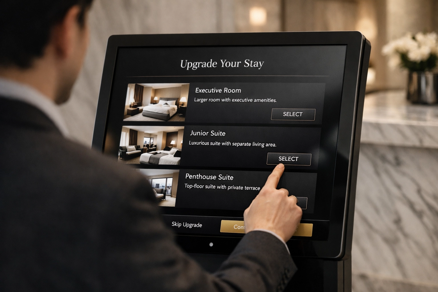 Guest choosing a room upgrade on a self-check-in kiosk to enhance their guest experience.