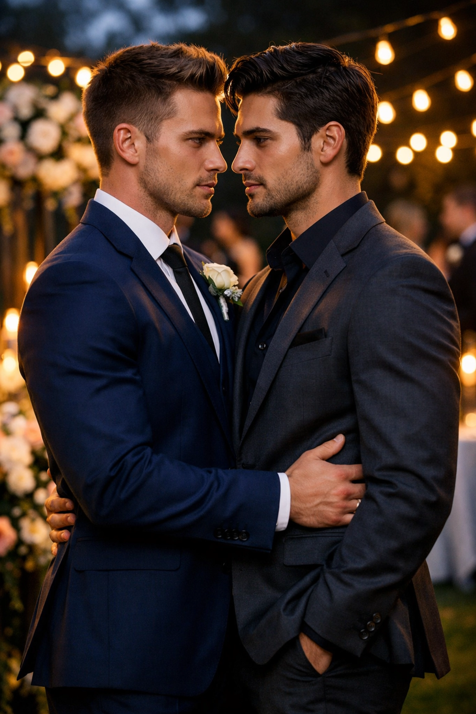 A fake dating couple in suits sharing an intense look at an outdoor wedding, common in MM romance books.