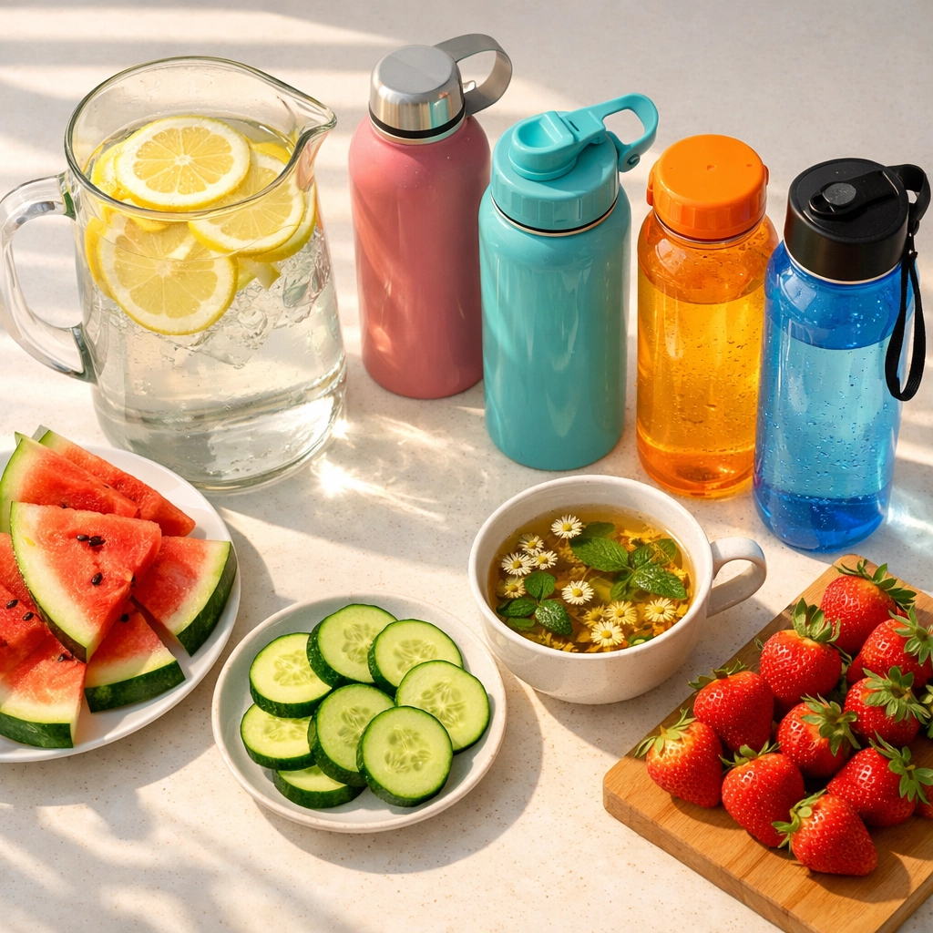 Variety of hydration options including water, fresh fruit, and herbal tea for seniors