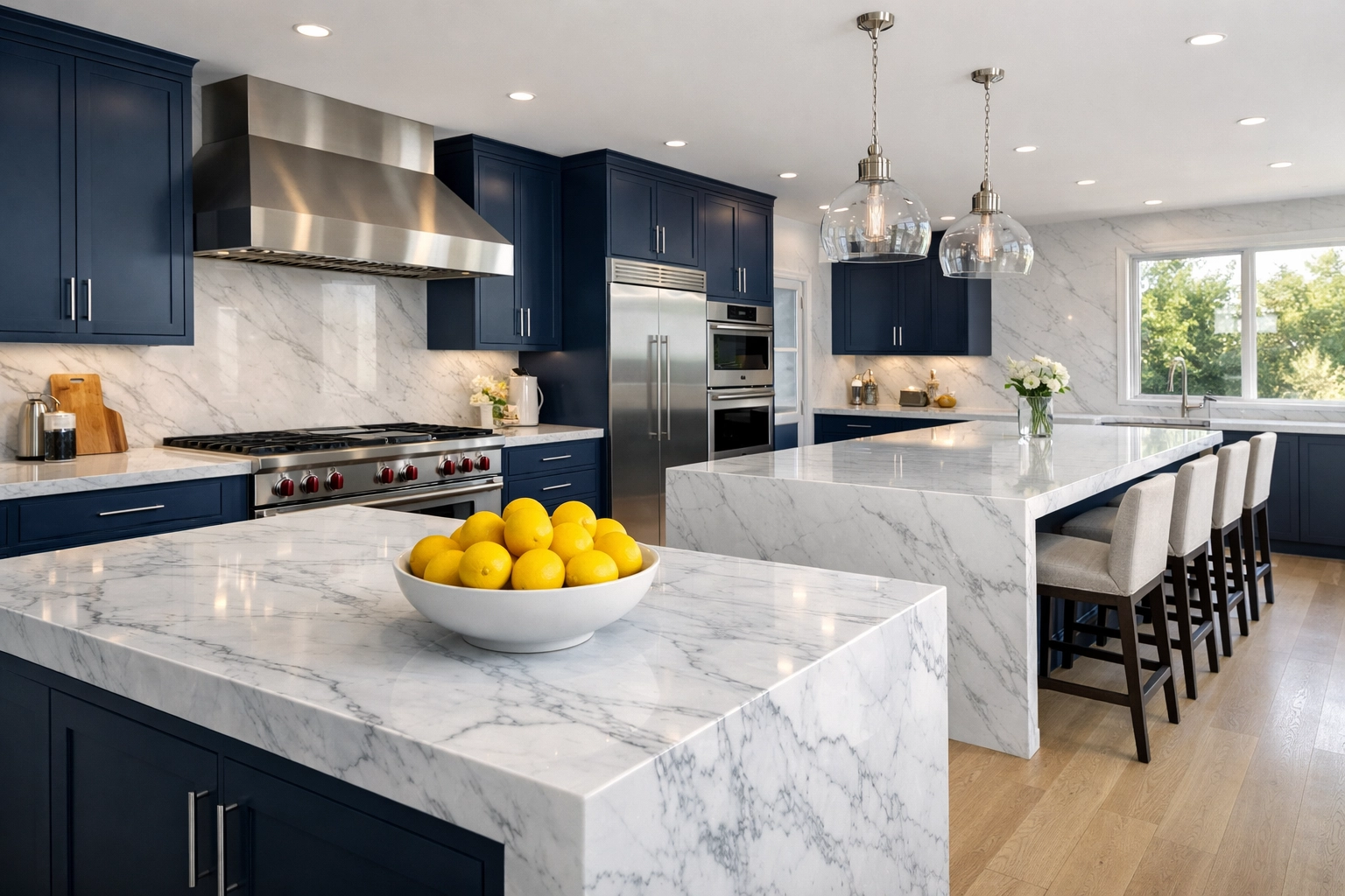 Spotless modern kitchen with marble islands reflecting expert luxury cleaning in Westwood.
