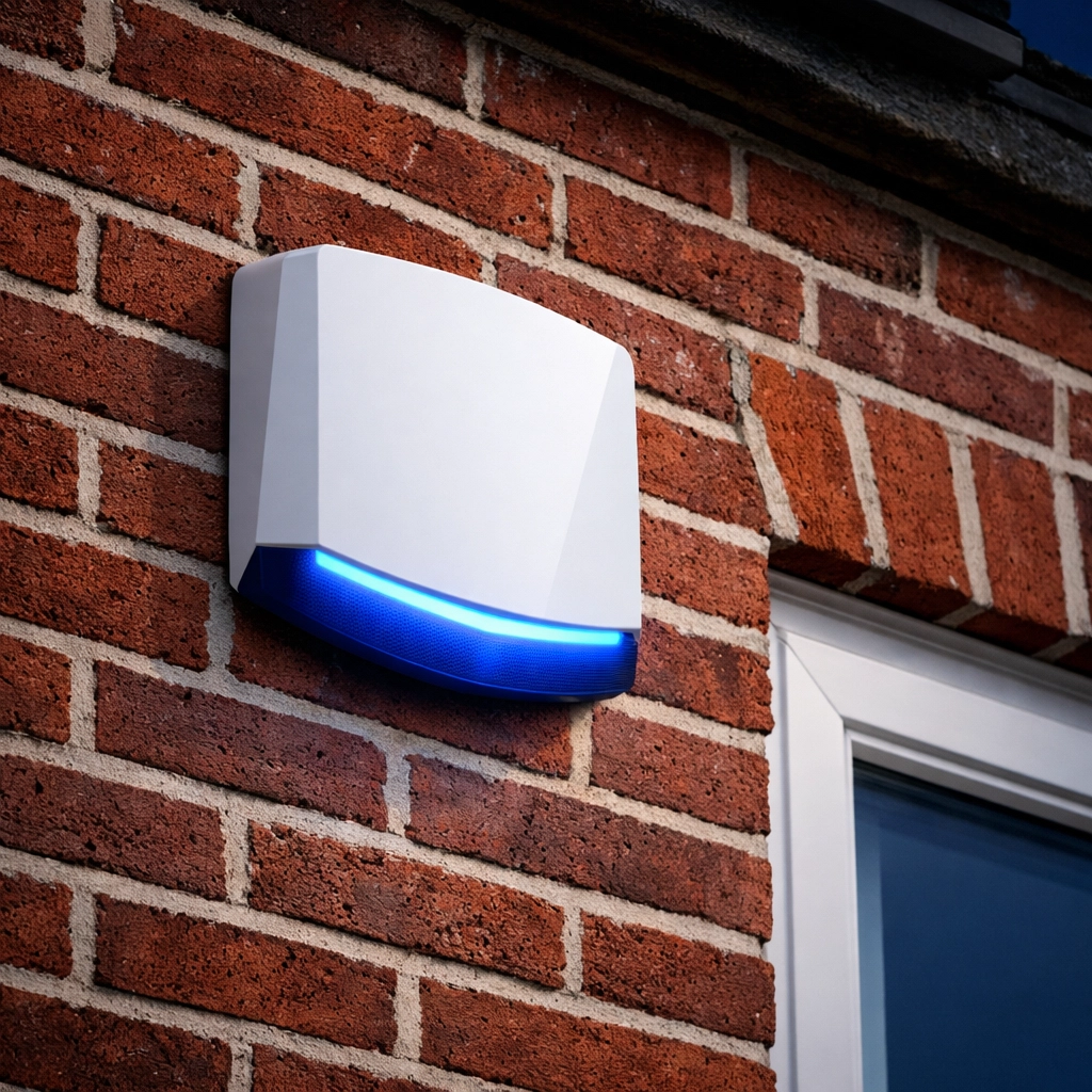External intruder alarm box with security light mounted on a residential red-brick wall.