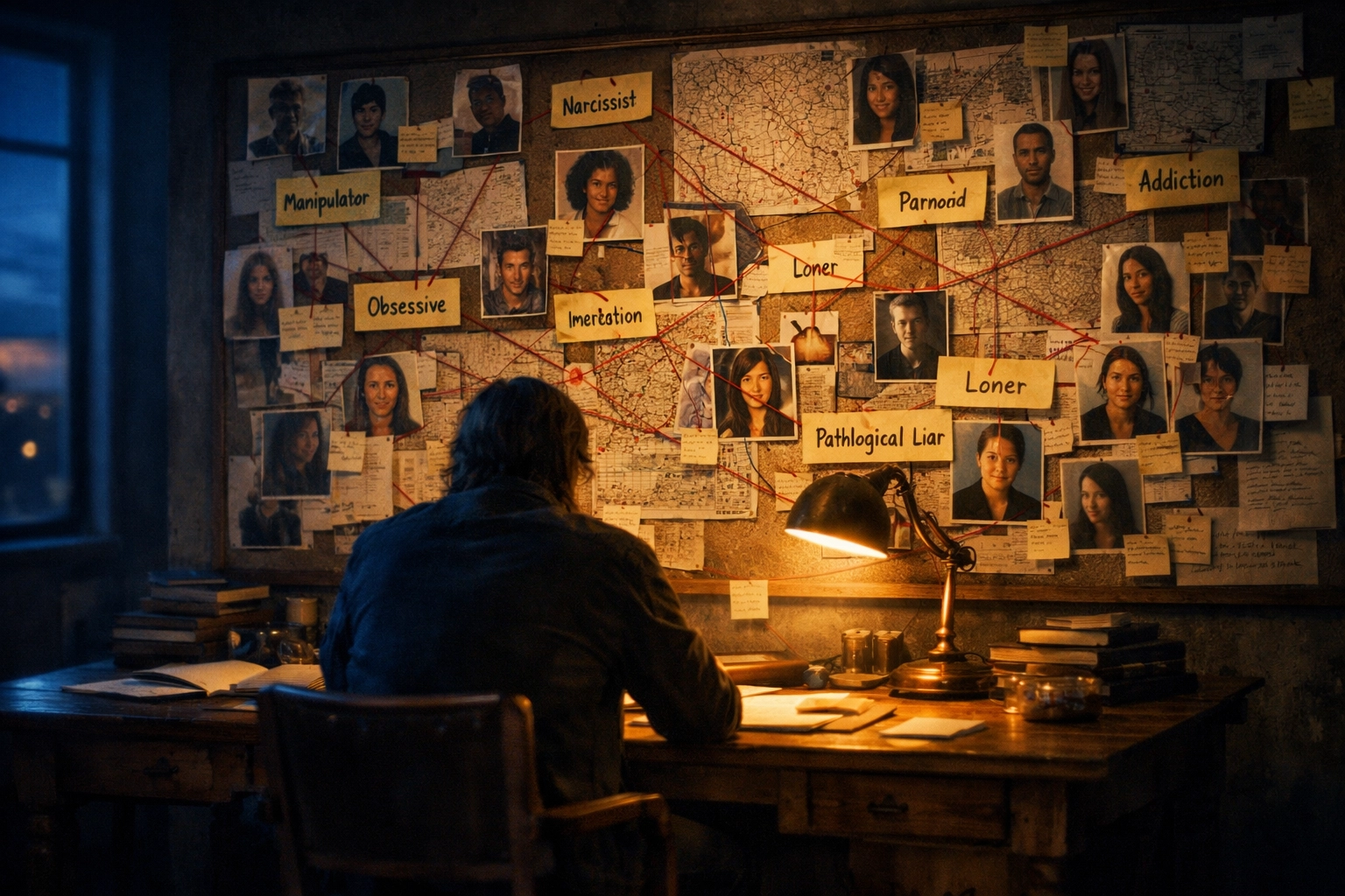 Strategist at a desk mapping a buyer persona with a board of notes and demographic data.