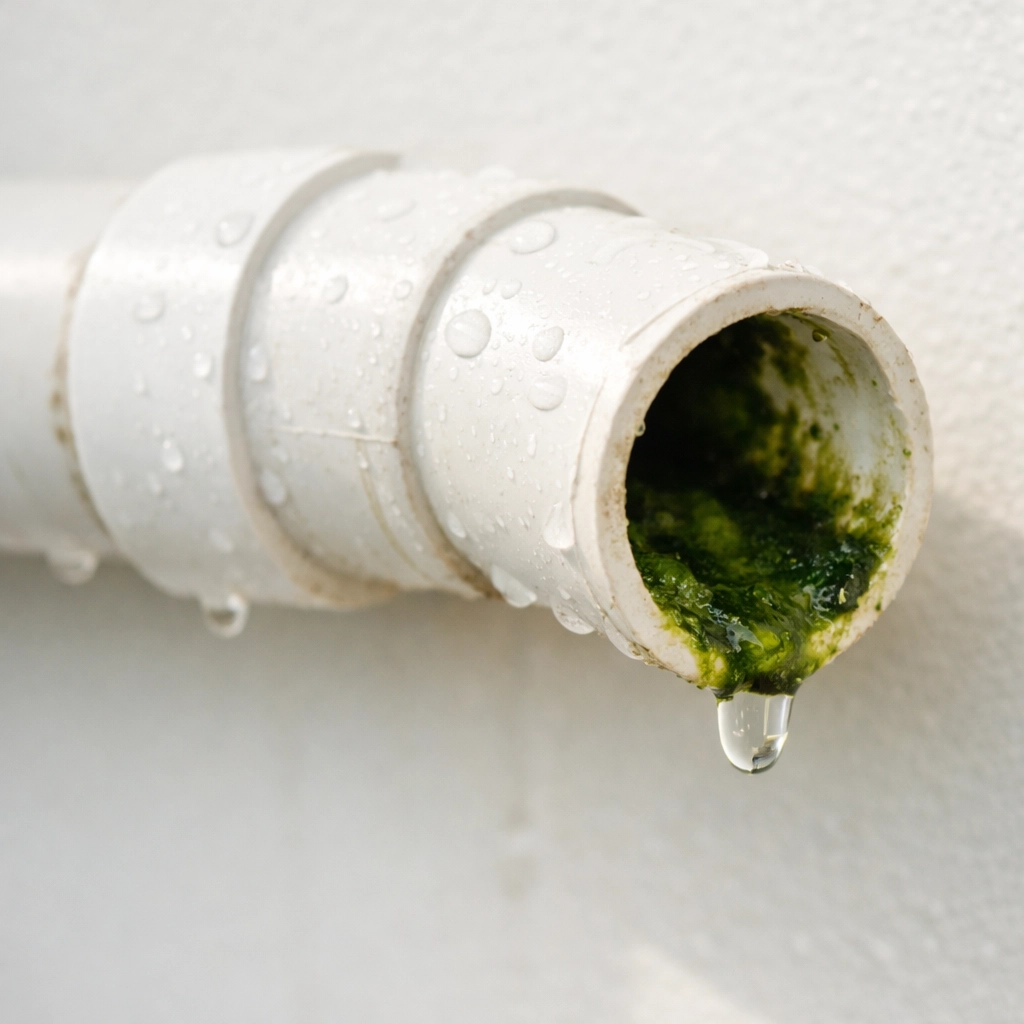 AC condensate drain line with algae buildup requiring maintenance cleaning in Maui climate