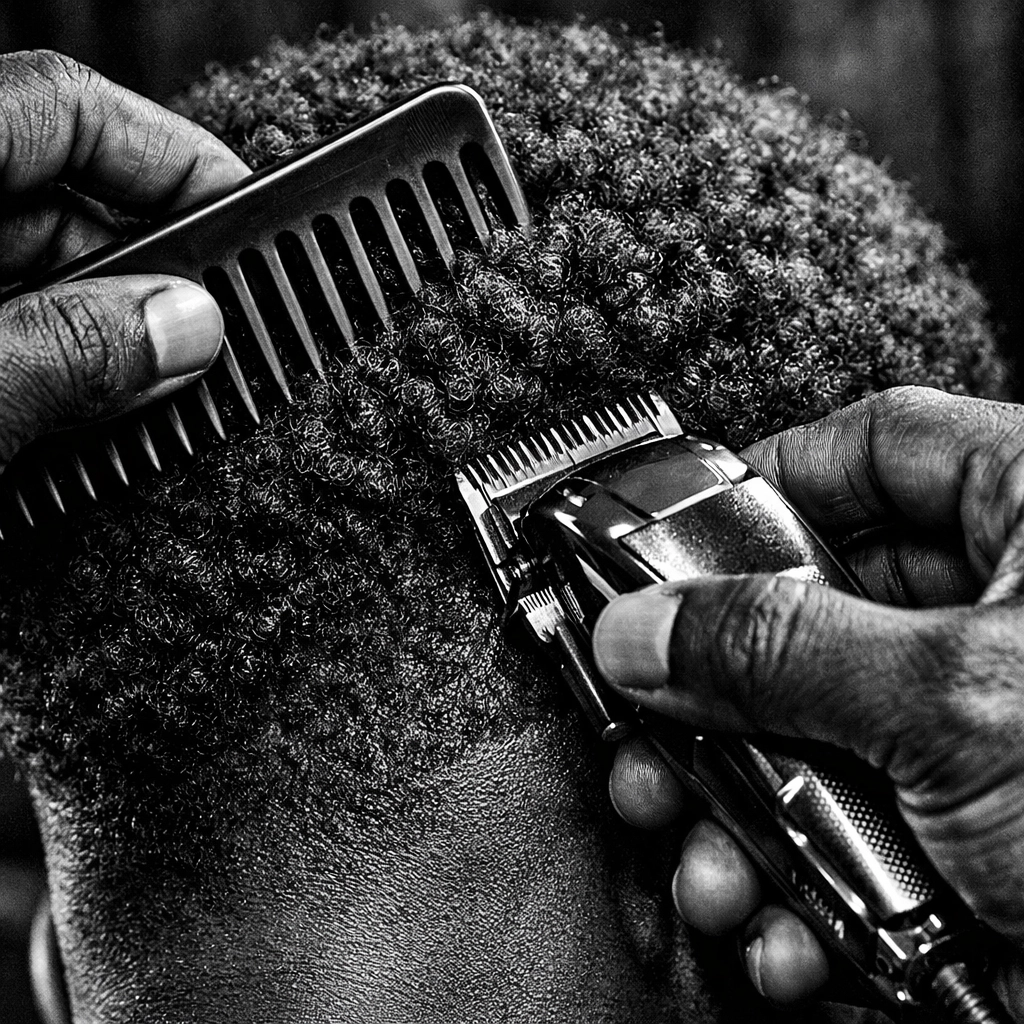 Multicultural barbering student using clippers and comb on coily Type 4 hair textures.