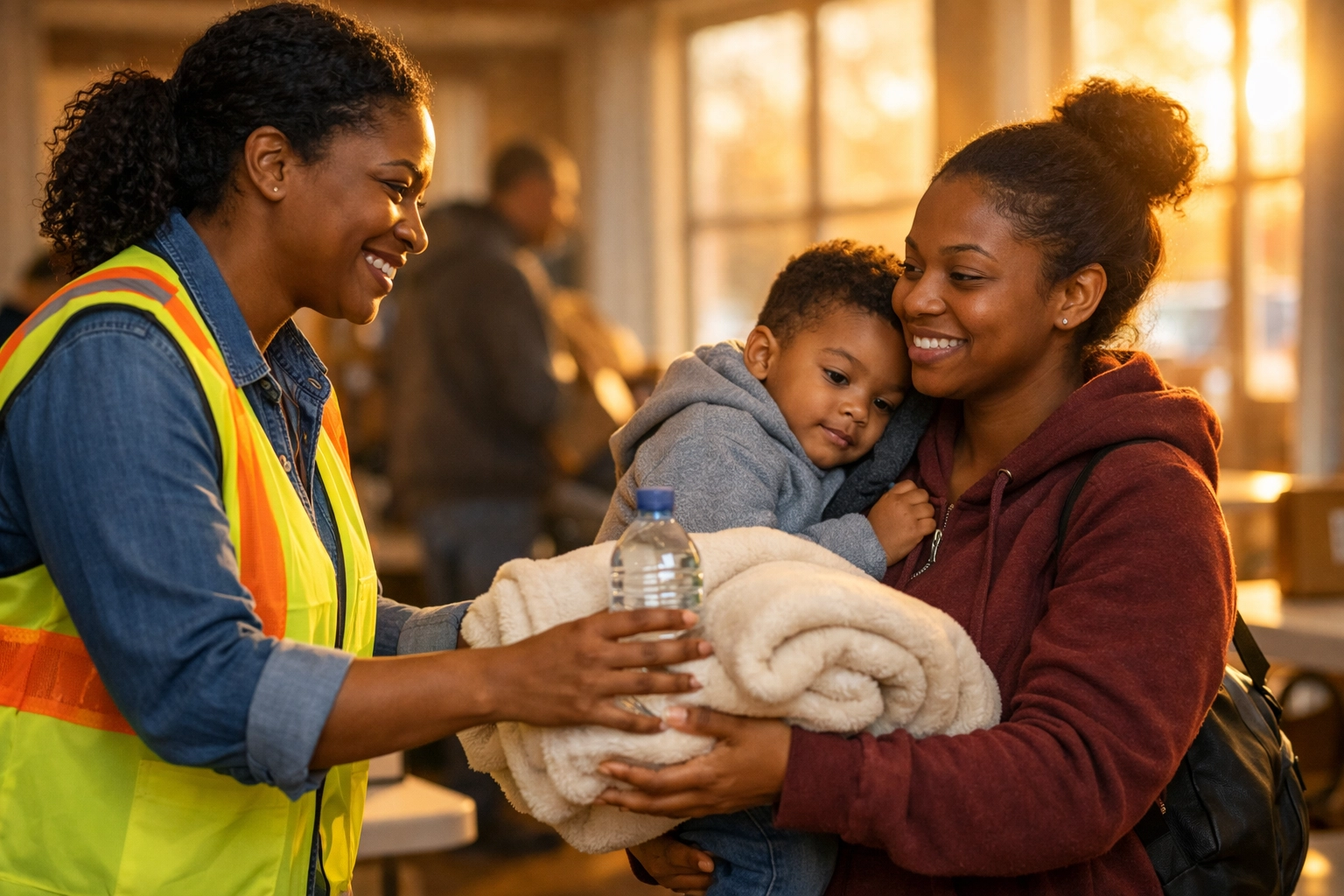 South Jersey disaster relief volunteer providing food and blankets to a displaced family in a community center.