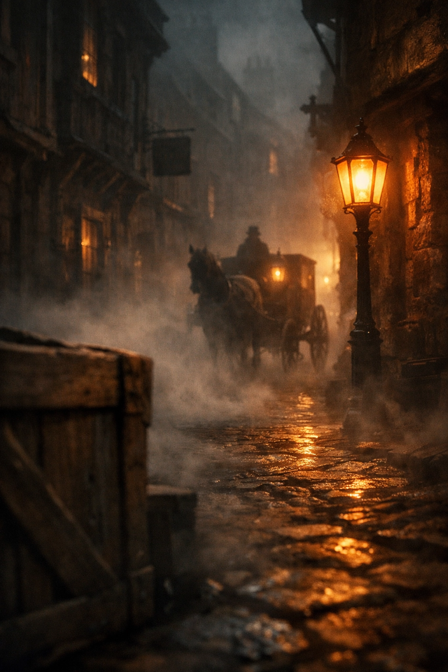 A mysterious, foggy Victorian London street illustrating the setting of adventure books for kids.