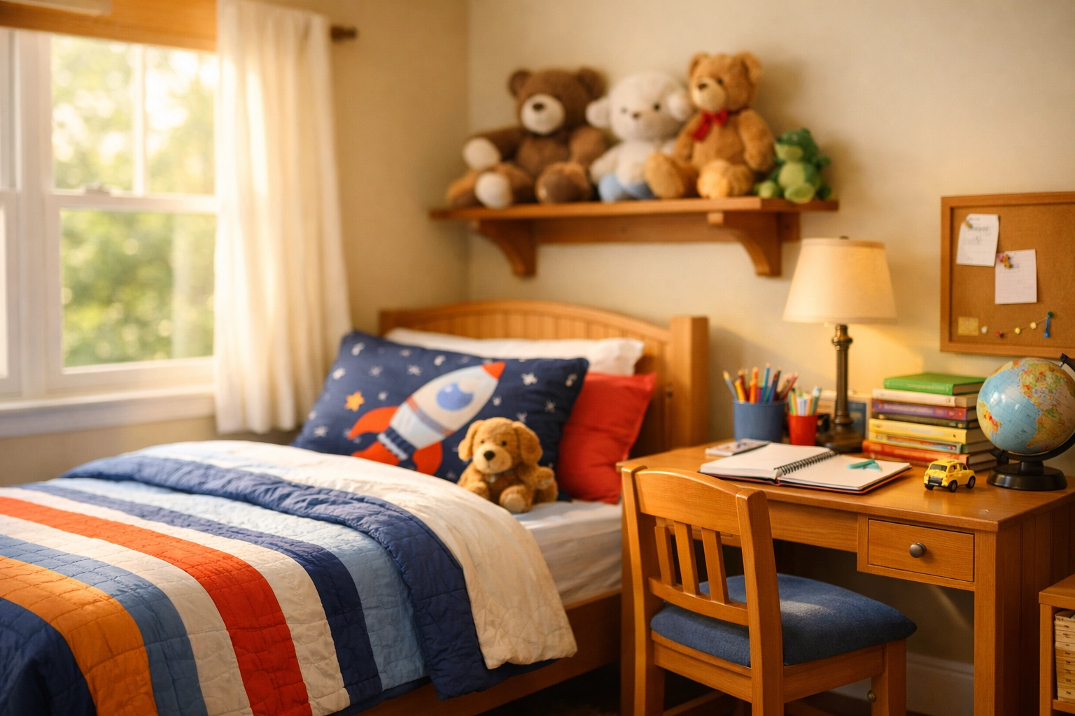 Well-organized child's bedroom prepared for guardian ad litem home visit during custody case