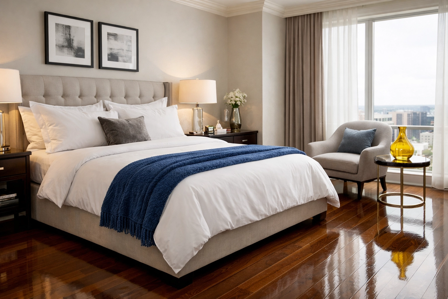 Clean master bedroom with polished floors by professional cleaners in Leominster MA.